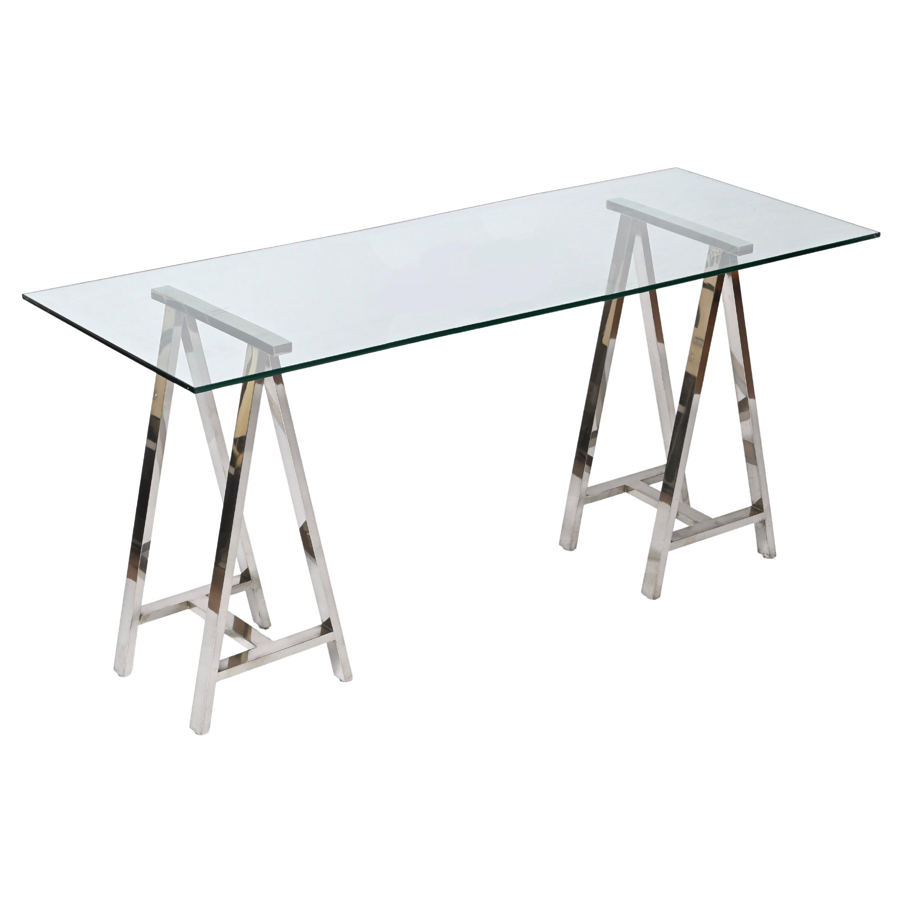 Pair of Midcentury Chromed Steel Italian Trestles After Milo Baughman, 1970s For Sale