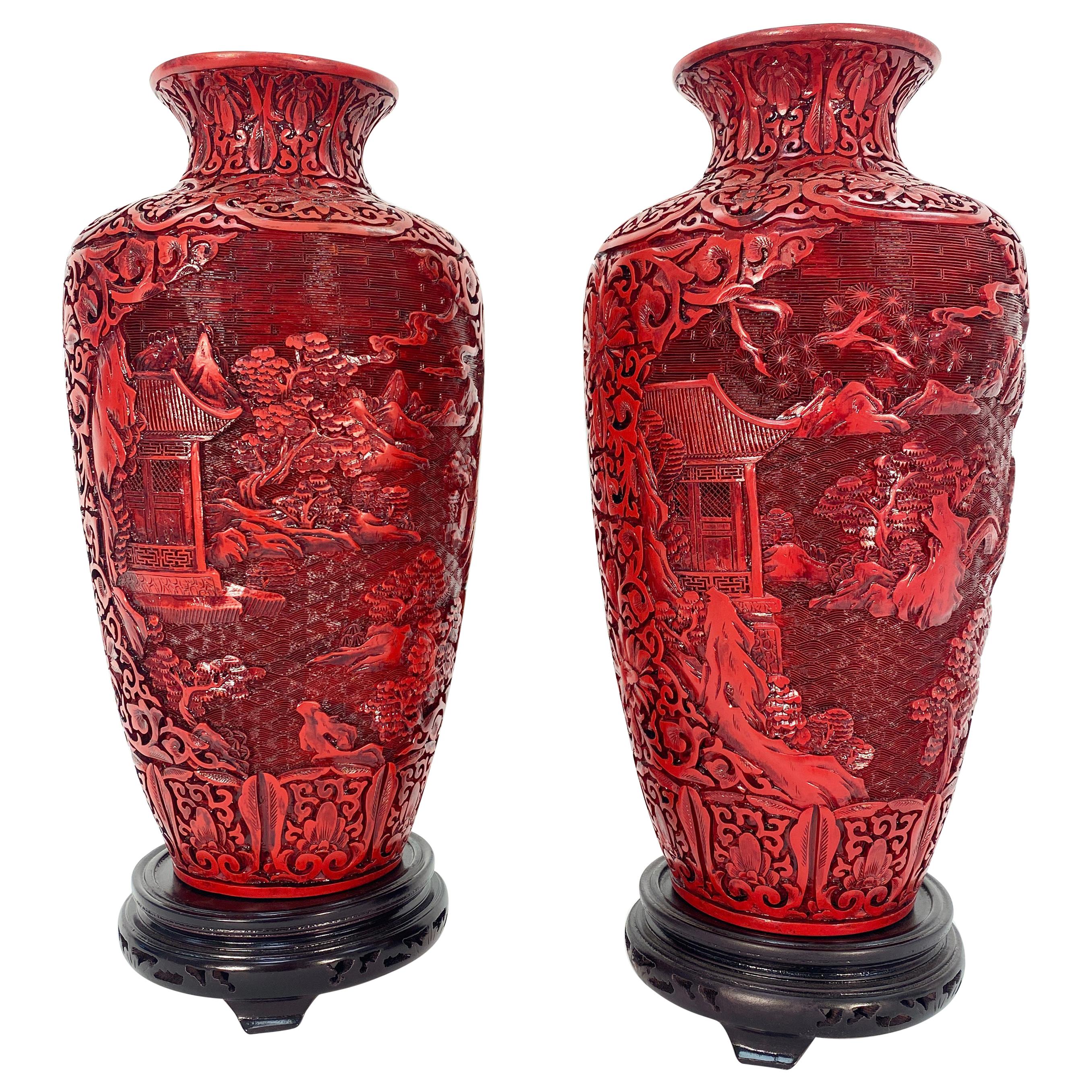 Pair of Midcentury Cinnabar Vases