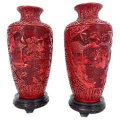 Vintage Pair of Midcentury Cinnabar Vases