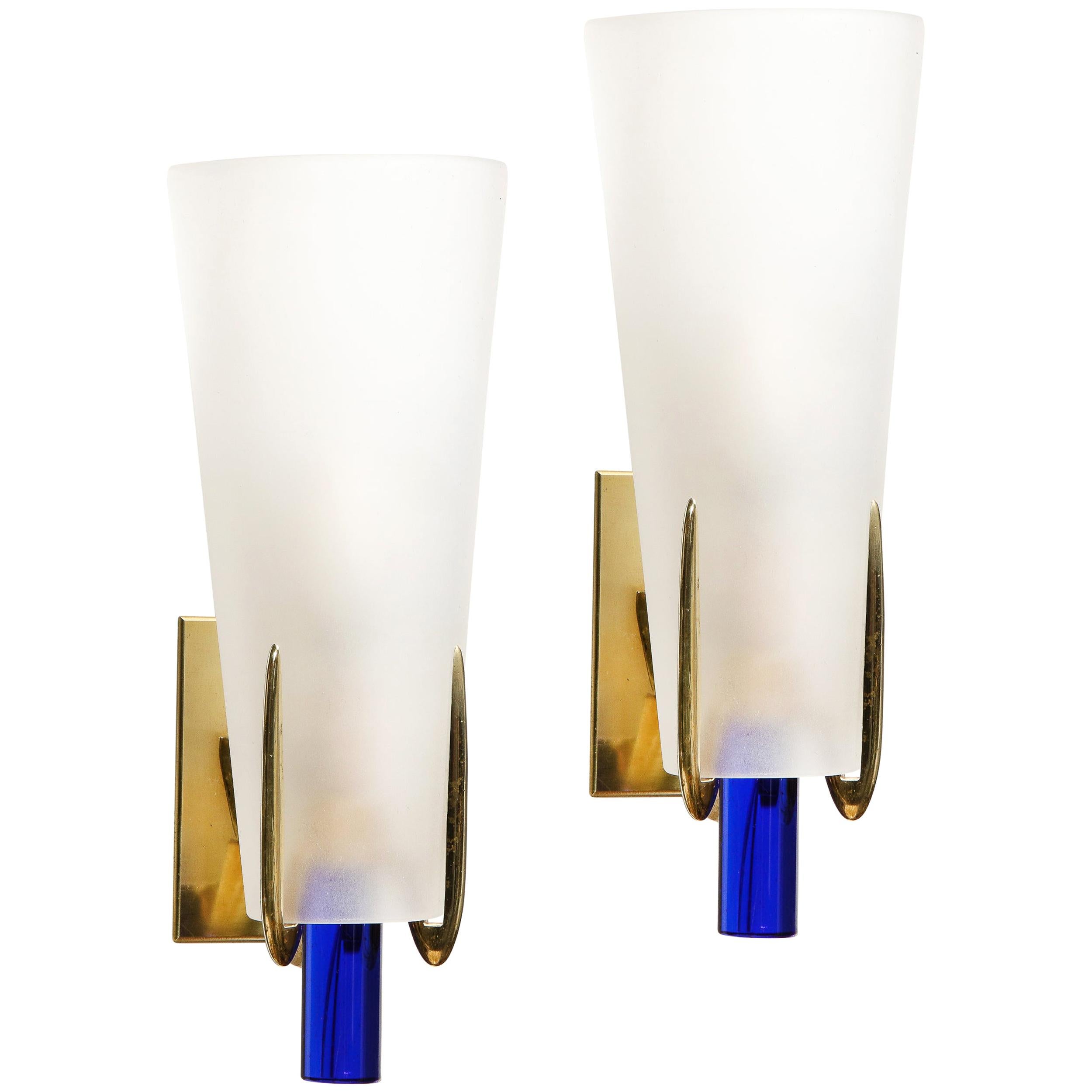 Pair of Midcentury Cobalt and Frosted Glass Conical Sconces with Brass Fittings