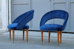 Pair of Midcentury Cobalt Blue Brass Round Bedroom Chairs Maple Wood