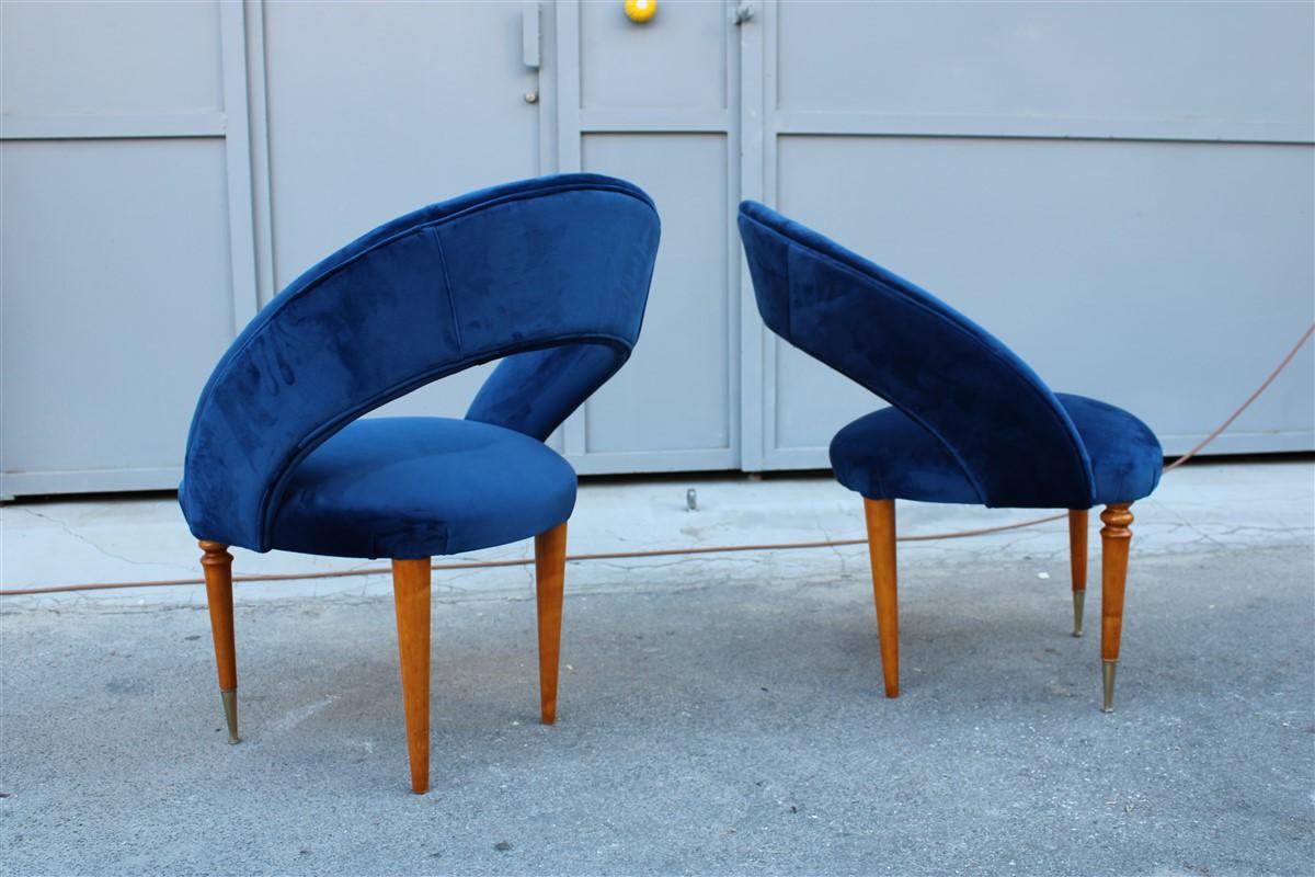 Mid-Century Modern Pair of Midcentury Cobalt Blue Brass Round Bedroom Chairs Maple Wood For Sale