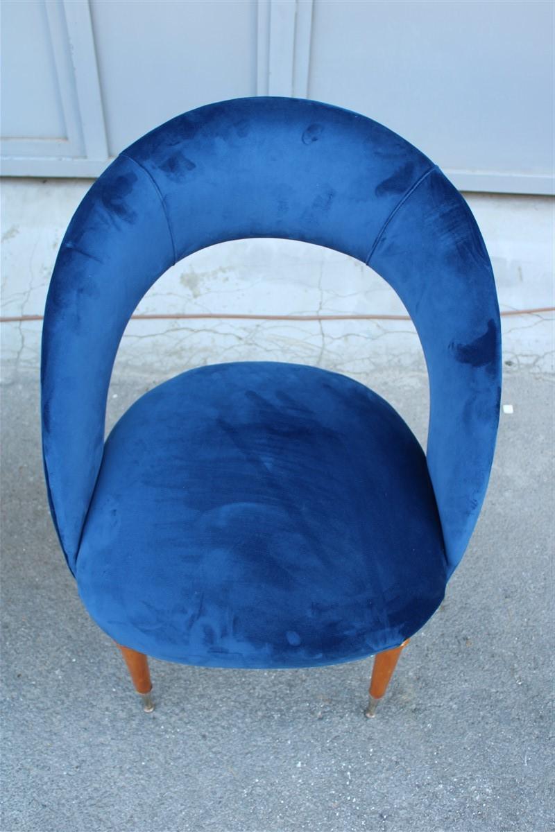 Velvet Pair of Midcentury Cobalt Blue Brass Round Bedroom Chairs Maple Wood For Sale
