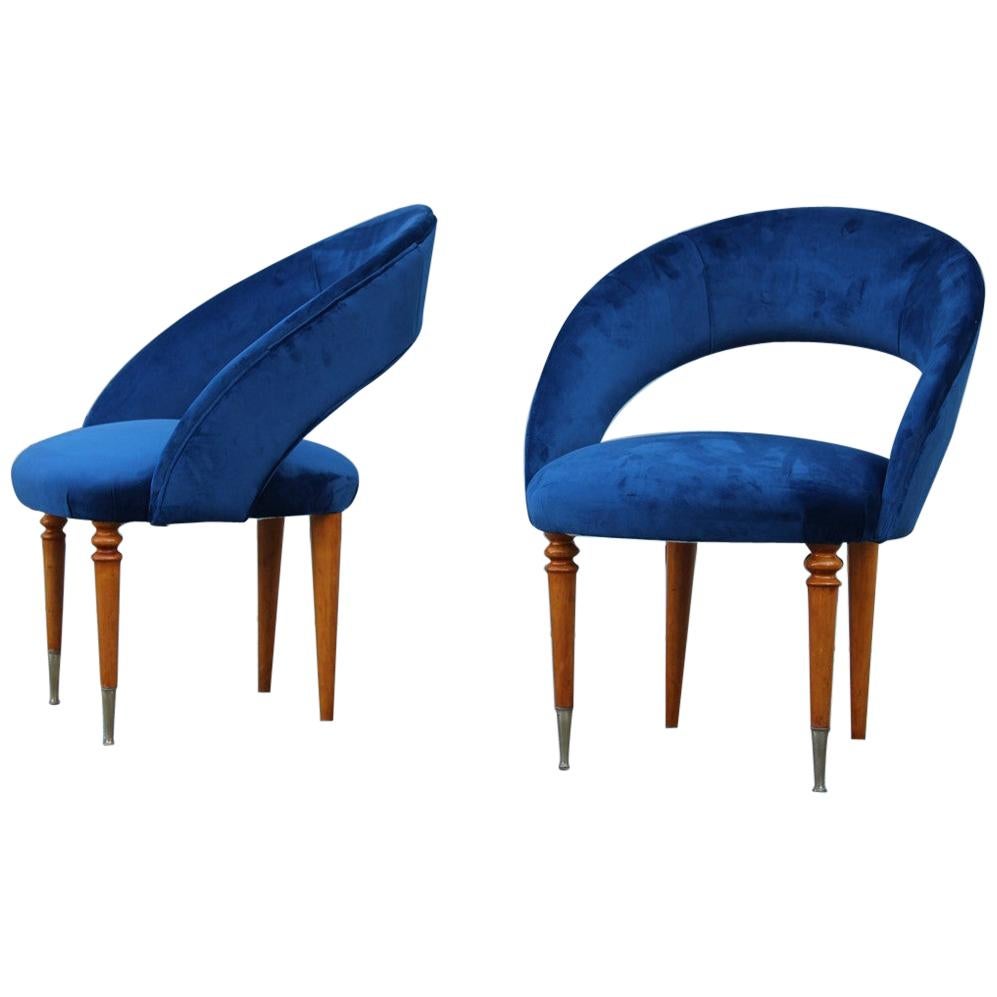 Pair of Midcentury Cobalt Blue Brass Round Bedroom Chairs Maple Wood