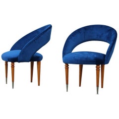 Pair of Midcentury Cobalt Blue Brass Round Bedroom Chairs Maple Wood