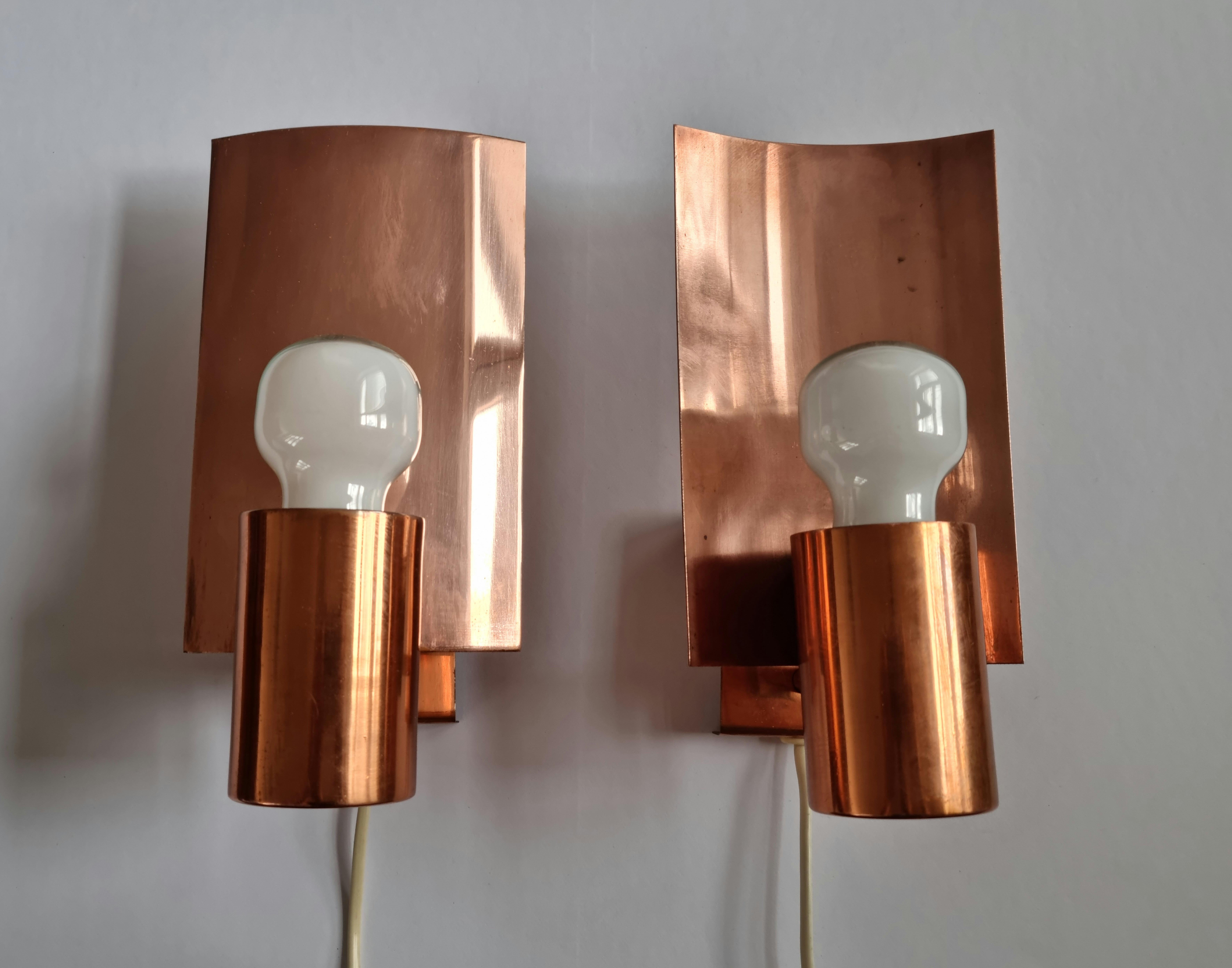 Mid-Century Modern Pair of Midcentury Copper Wall Lamps, Denmark, 1960s For Sale