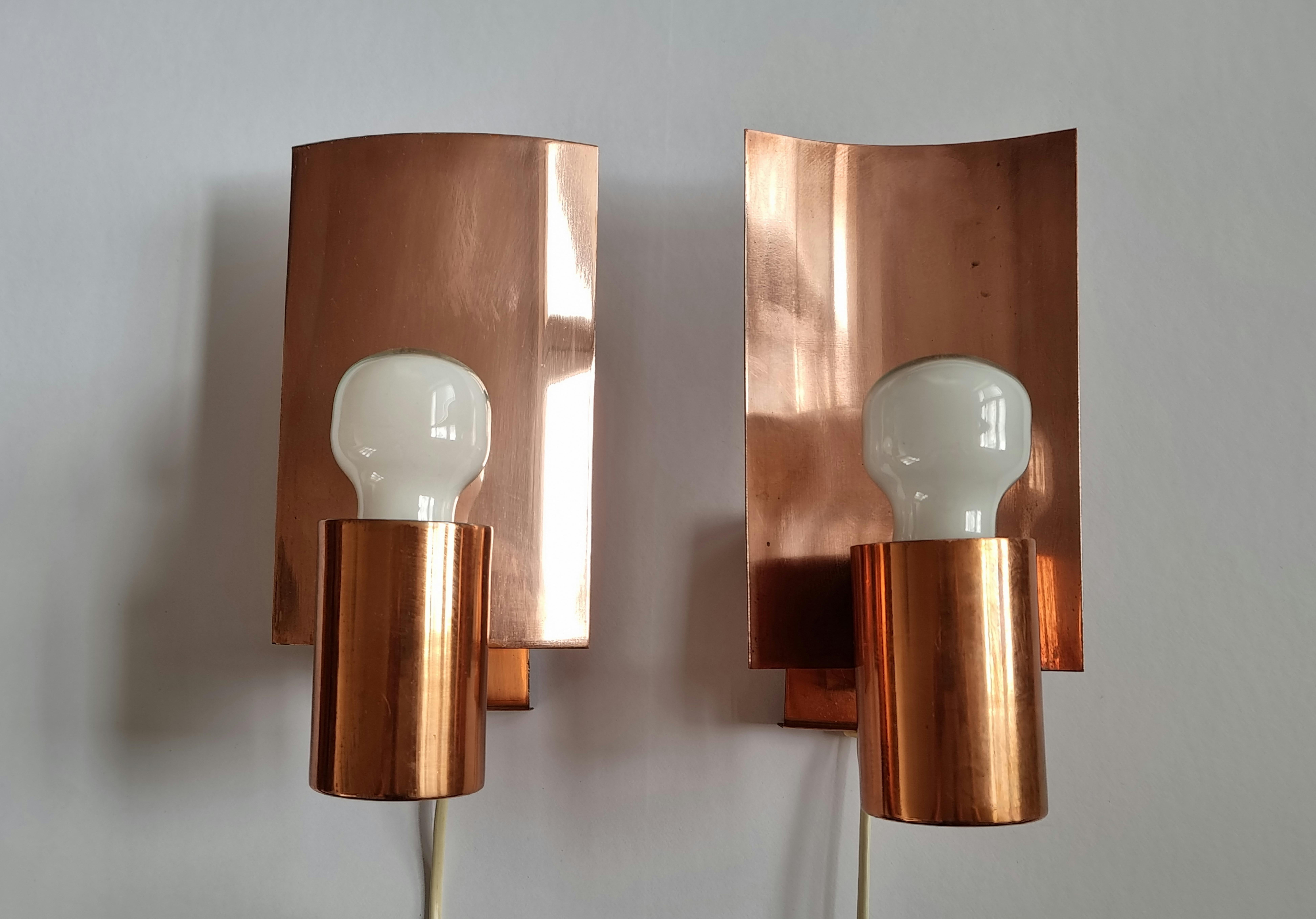 Danish Pair of Midcentury Copper Wall Lamps, Denmark, 1960s For Sale
