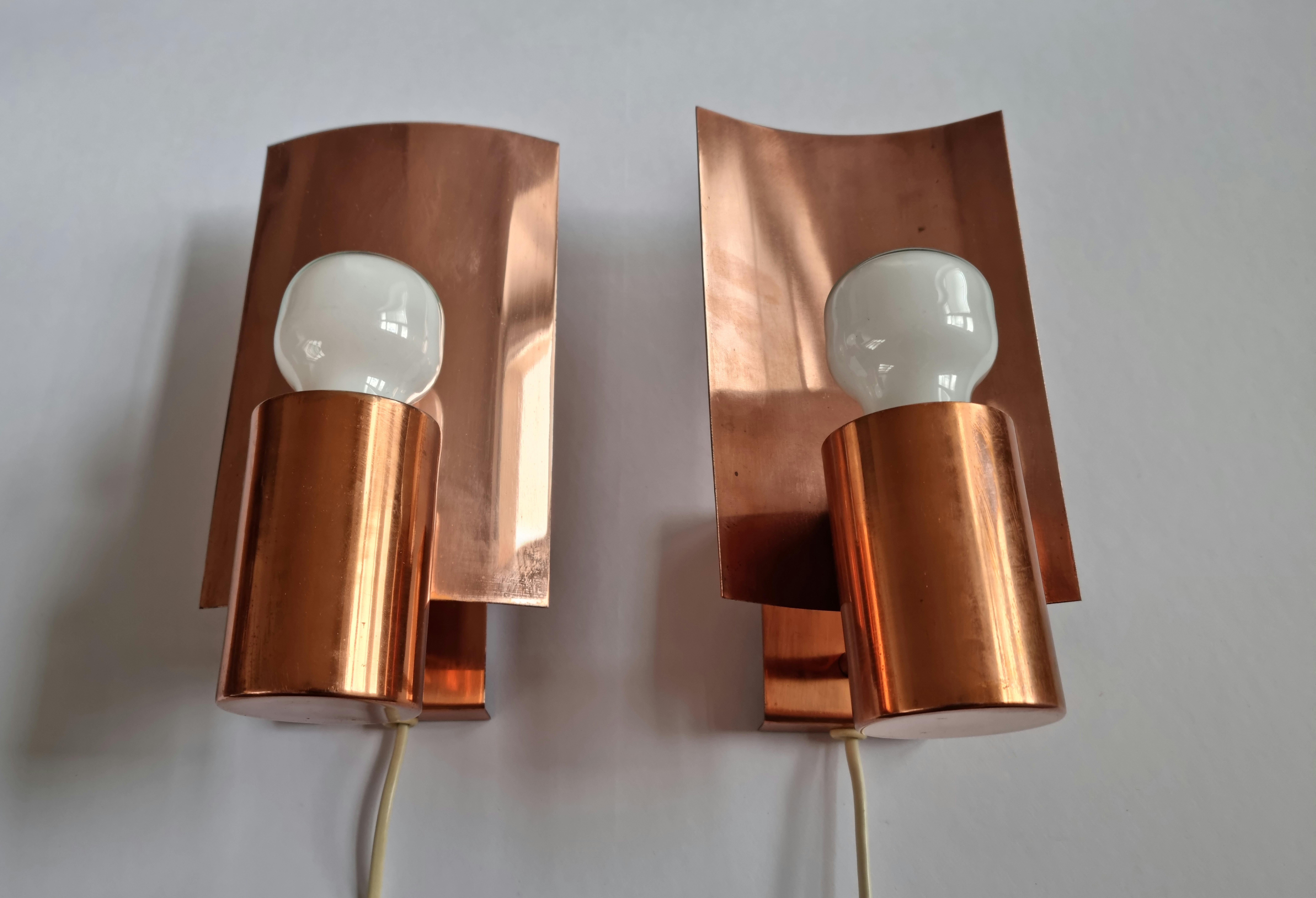Pair of Midcentury Copper Wall Lamps, Denmark, 1960s In Good Condition For Sale In Praha, CZ