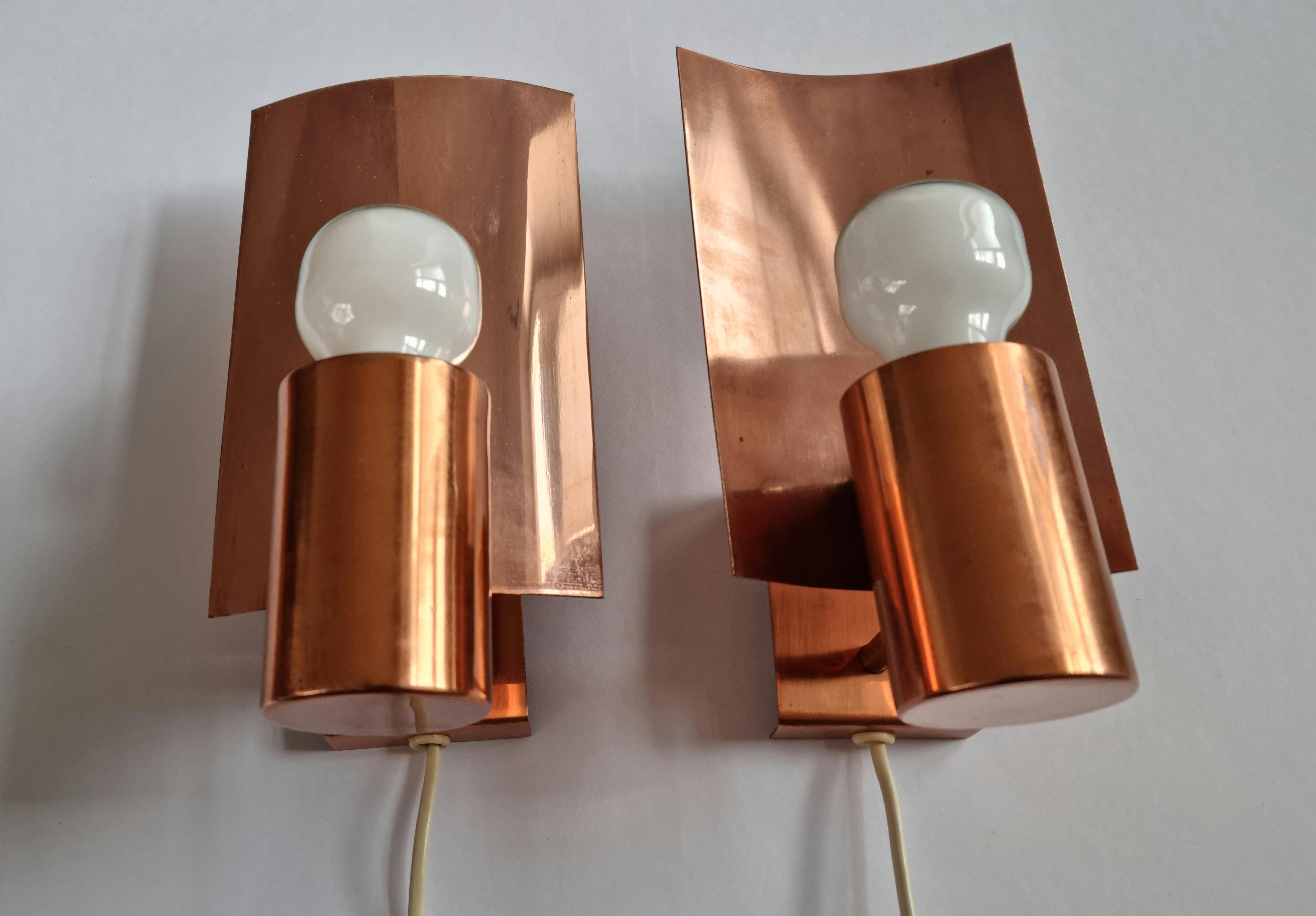 Pair of Midcentury Copper Wall Lamps, Denmark, 1960s For Sale 1