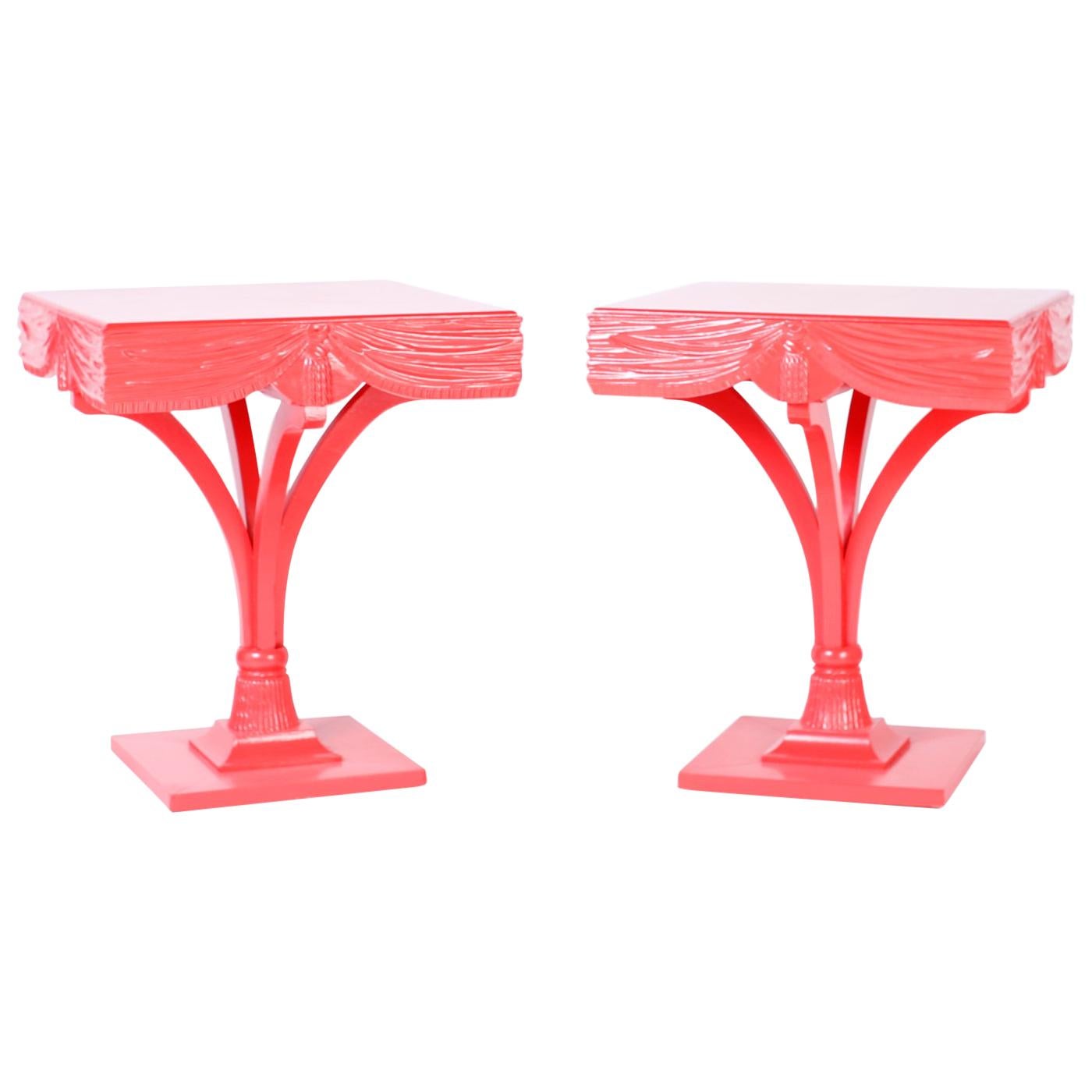 Pair of Midcentury Coral Lacquered Regency Side Tables