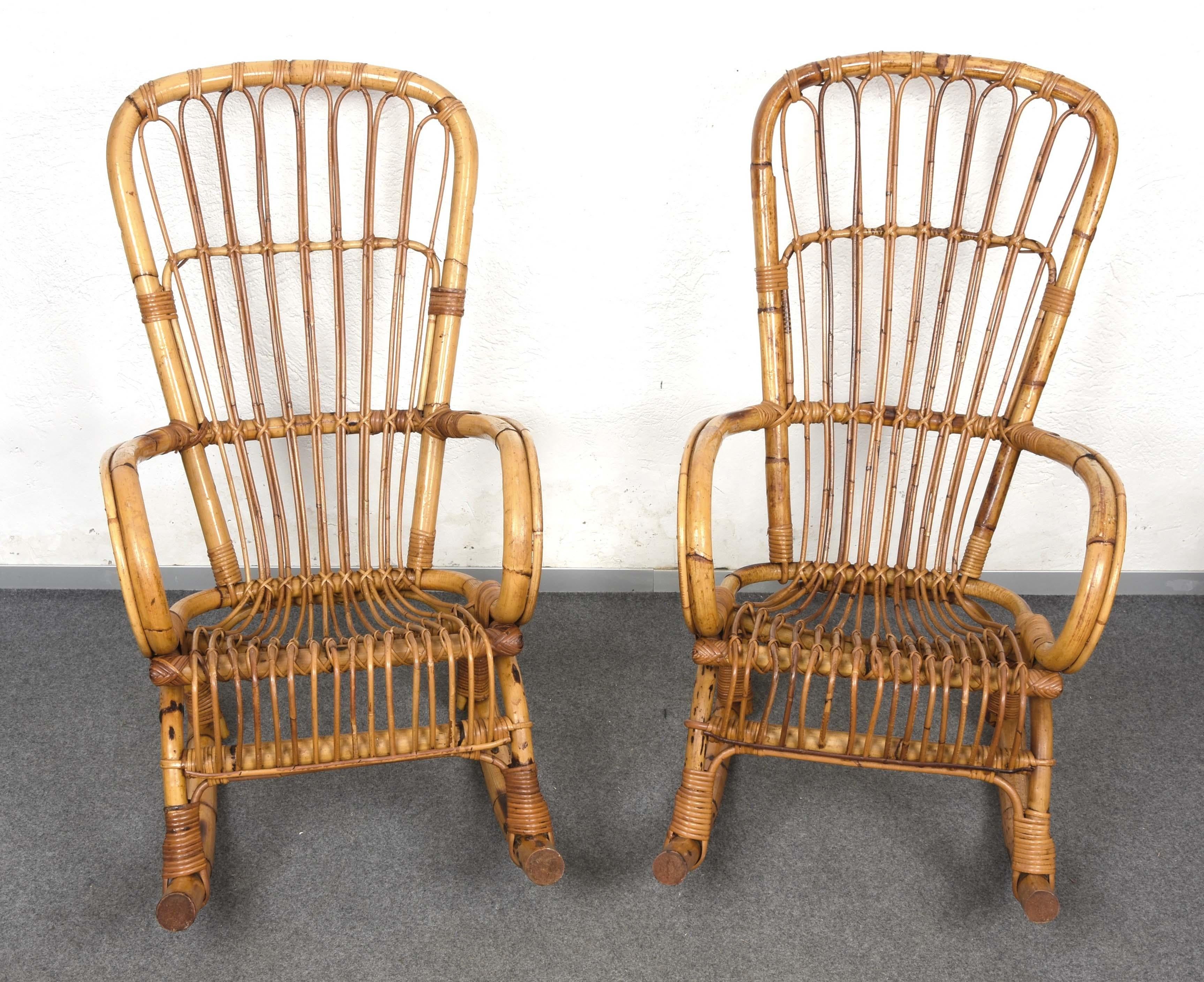Pair of Midcentury Cote d'Azur Rattan and Bamboo Italian Rocking Chairs, 1960s For Sale 3