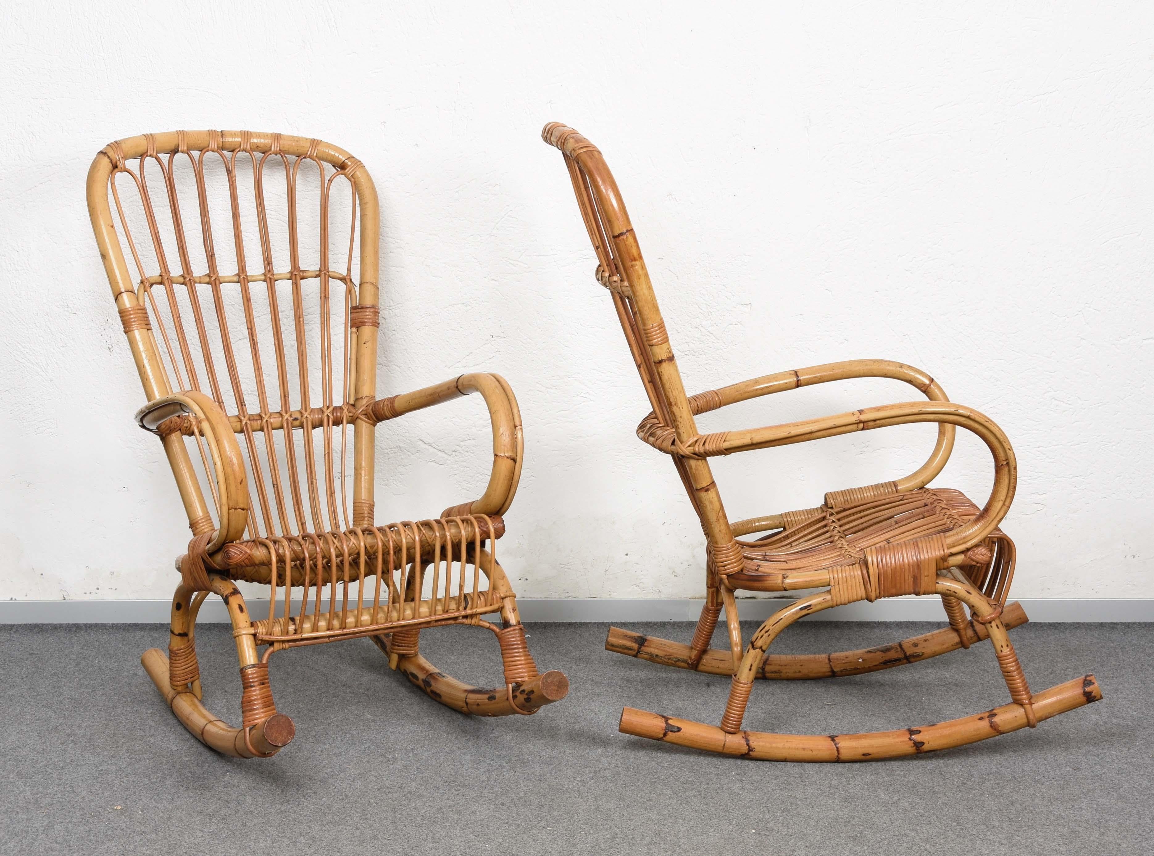 Mid-Century Modern Pair of Midcentury Cote d'Azur Rattan and Bamboo Italian Rocking Chairs, 1960s For Sale