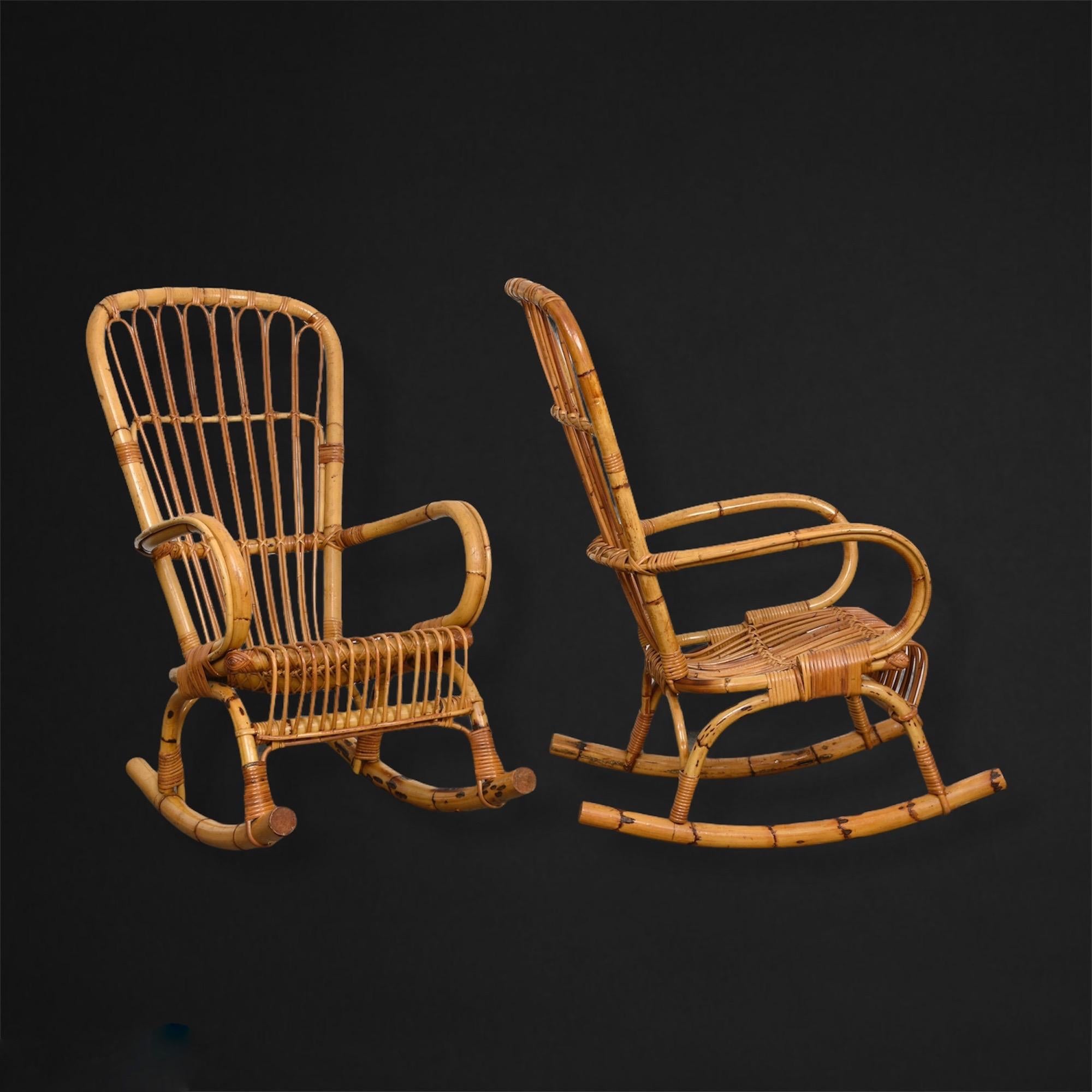 20th Century Pair of Midcentury Cote d'Azur Rattan and Bamboo Italian Rocking Chairs, 1960s For Sale