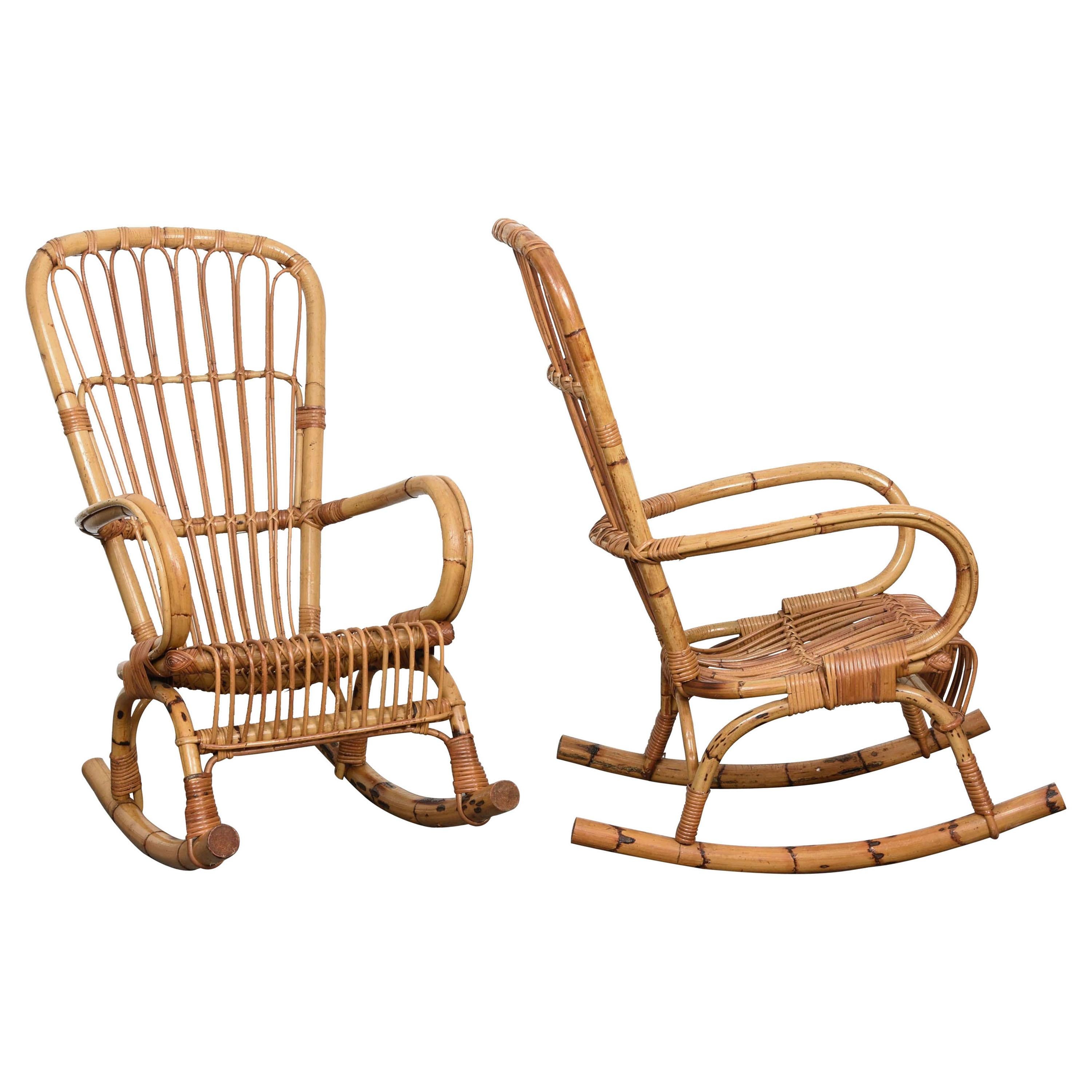 Pair of Midcentury Cote d'Azur Rattan and Bamboo Italian Rocking Chairs, 1960s For Sale