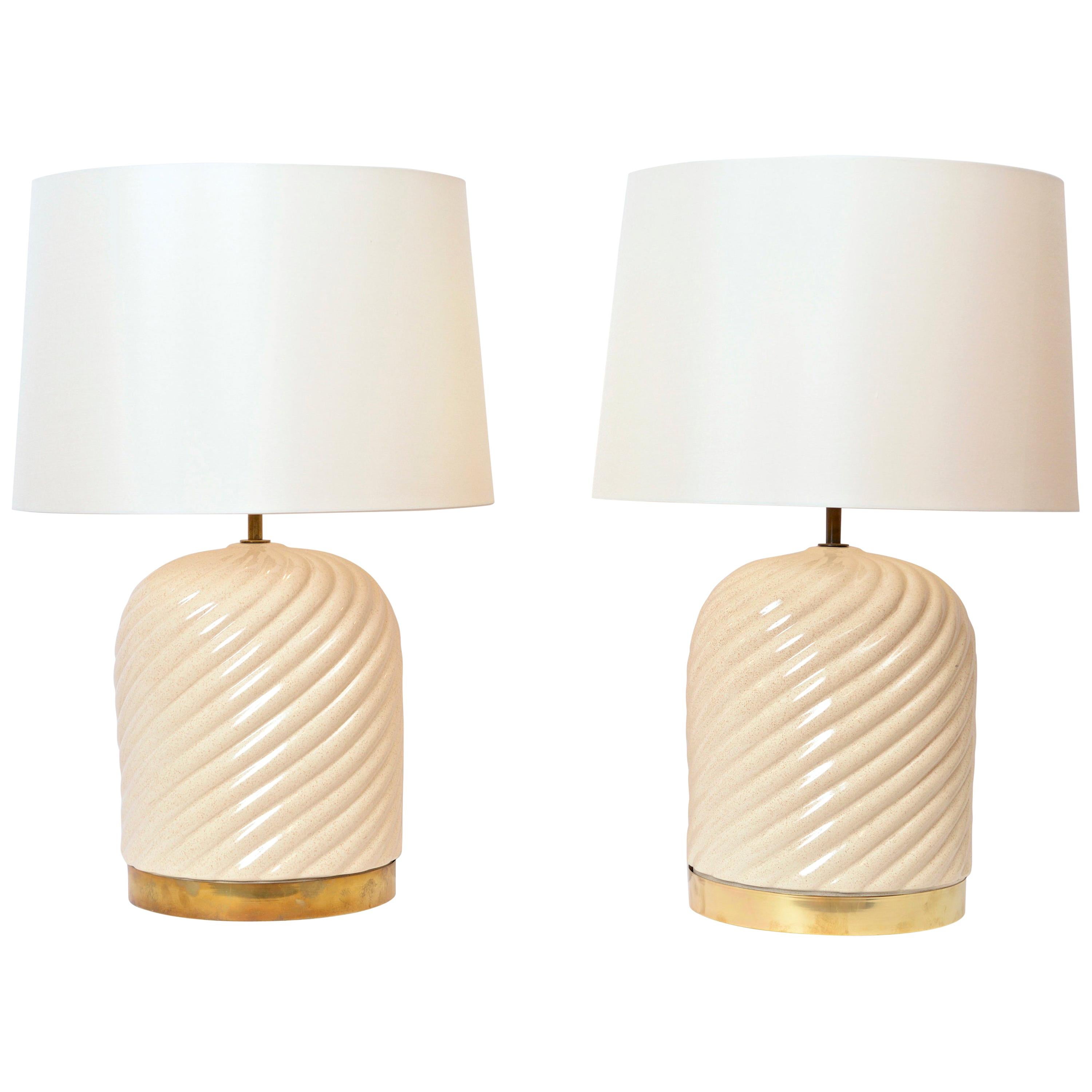 Pair of Midcentury Cream Ceramic Table Lamps by Tommaso Barbi, circa 1970
