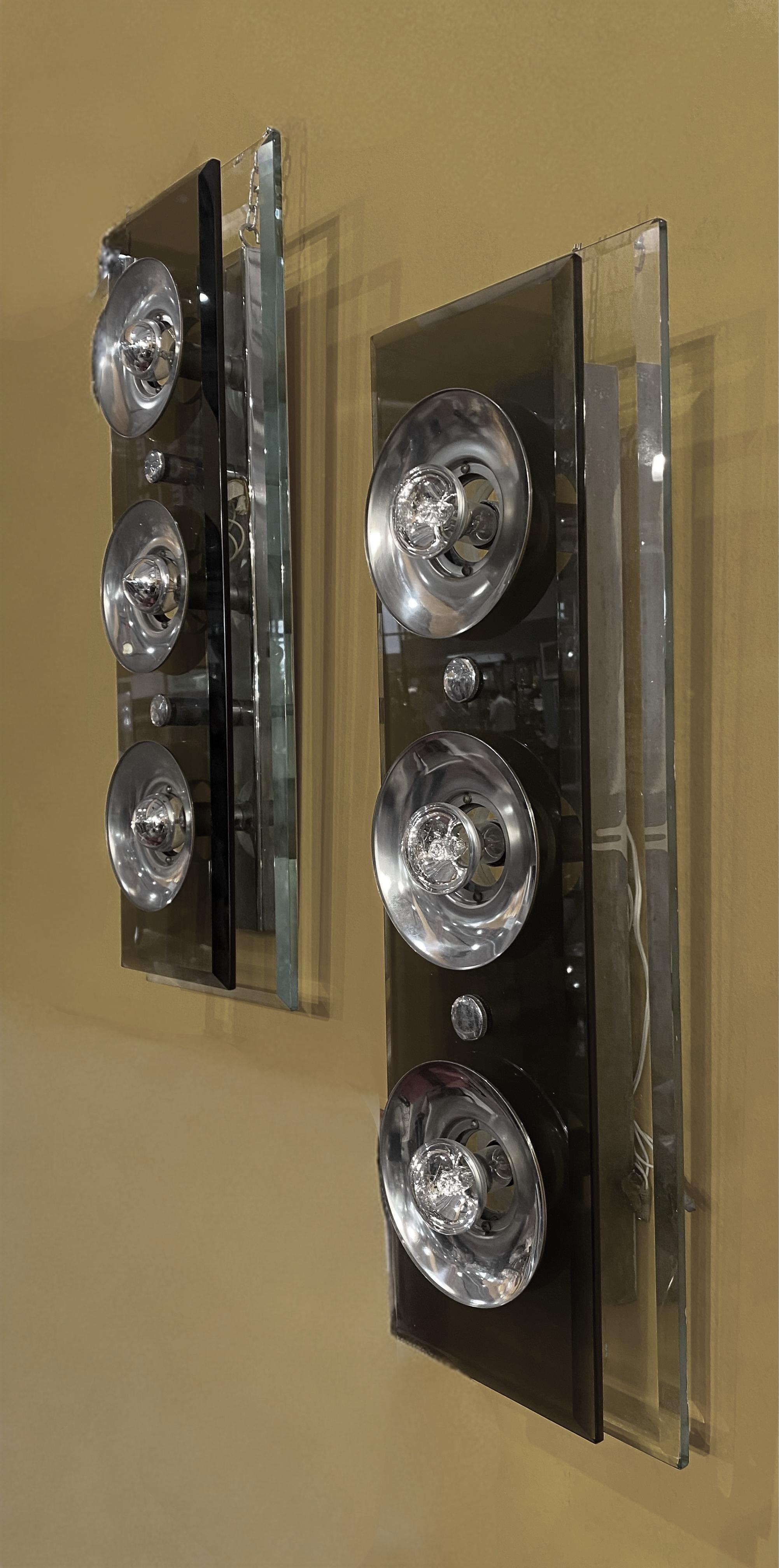 Buriné Paire d'appliques rectangulaires en verre fumé Cristal Arte du milieu du siècle, Italie, années 1960 en vente