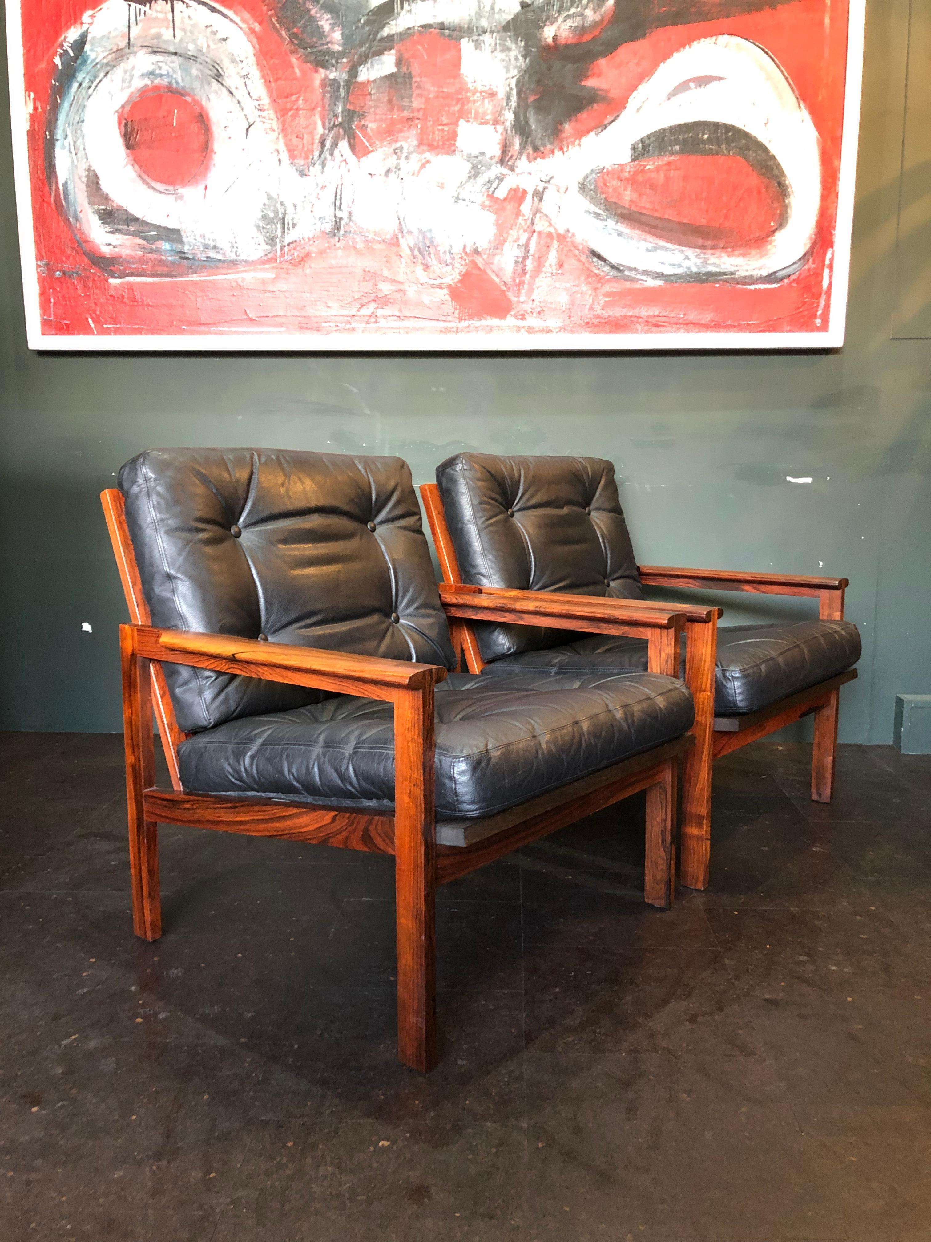 Pair of Midcentury Danish Armchairs by Illum Wikkelso, Rosewood and Leather 1