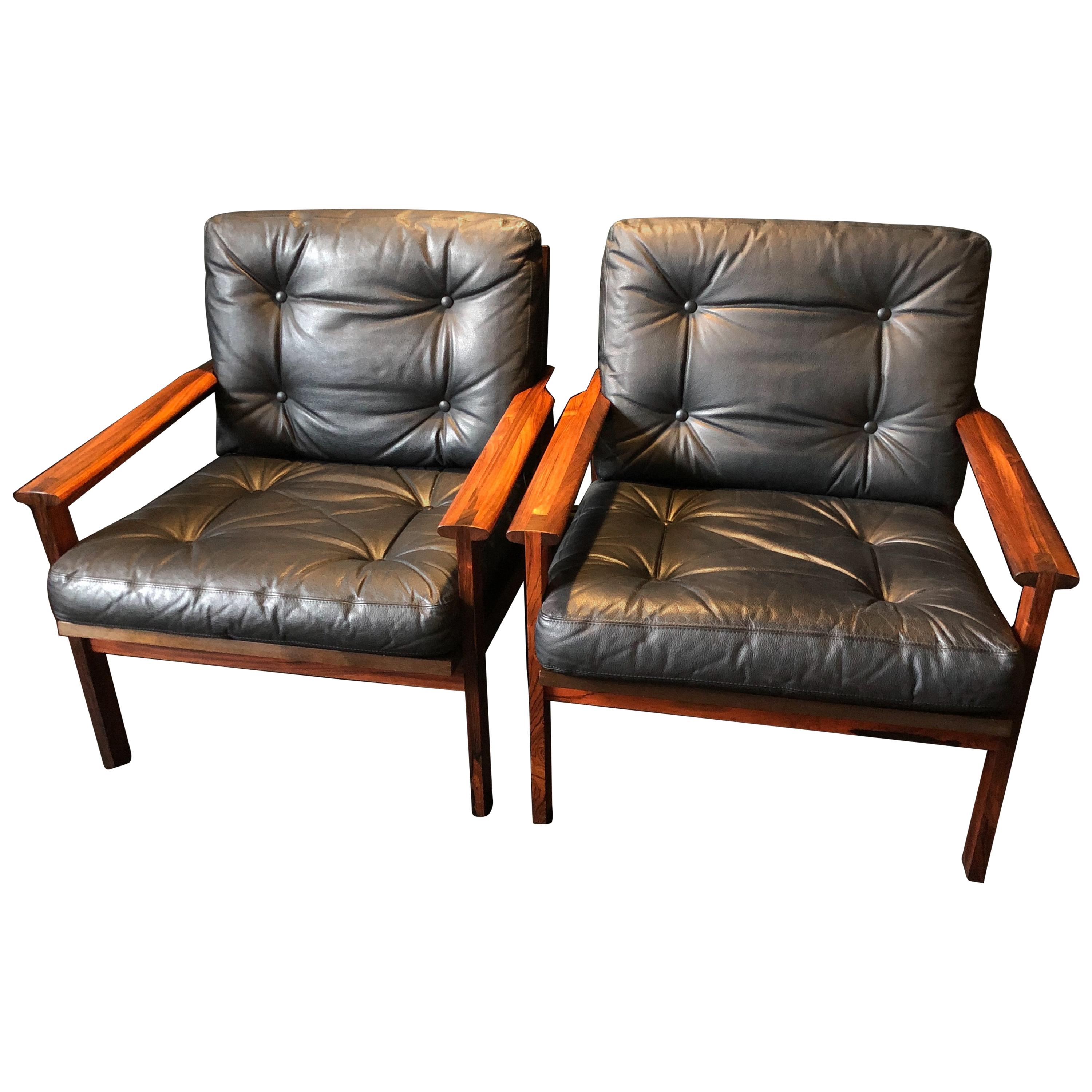 Pair of Midcentury Danish Armchairs by Illum Wikkelso, Rosewood and Leather