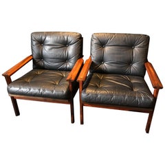 Pair of Midcentury Danish Armchairs by Illum Wikkelso, Rosewood and Leather