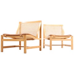 Pair of Midcentury Danish Lounge Chairs by in Beech and Patinated Leather
