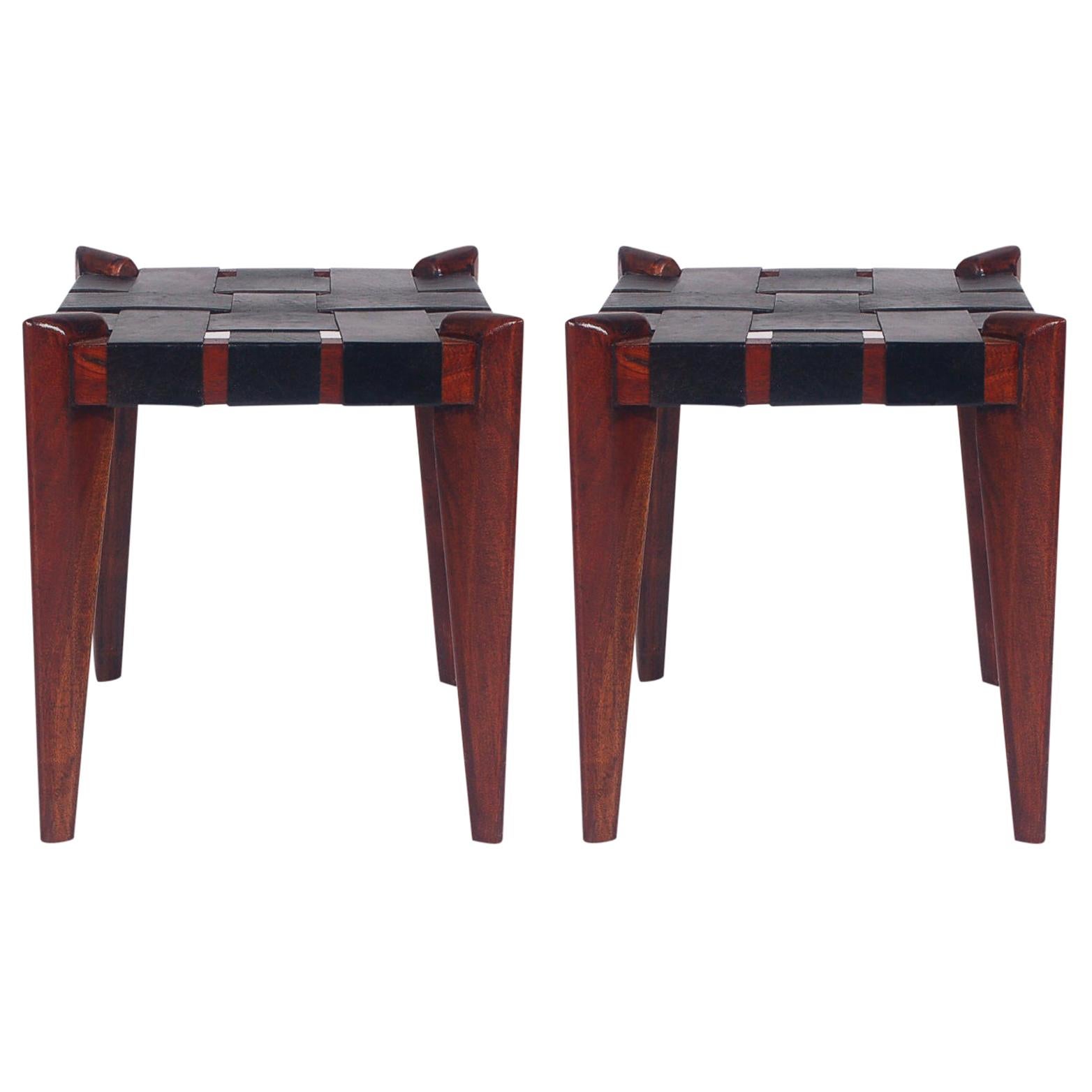 Pair of Midcentury Danish Modern Wood and Woven Black Leather Stools or Benches