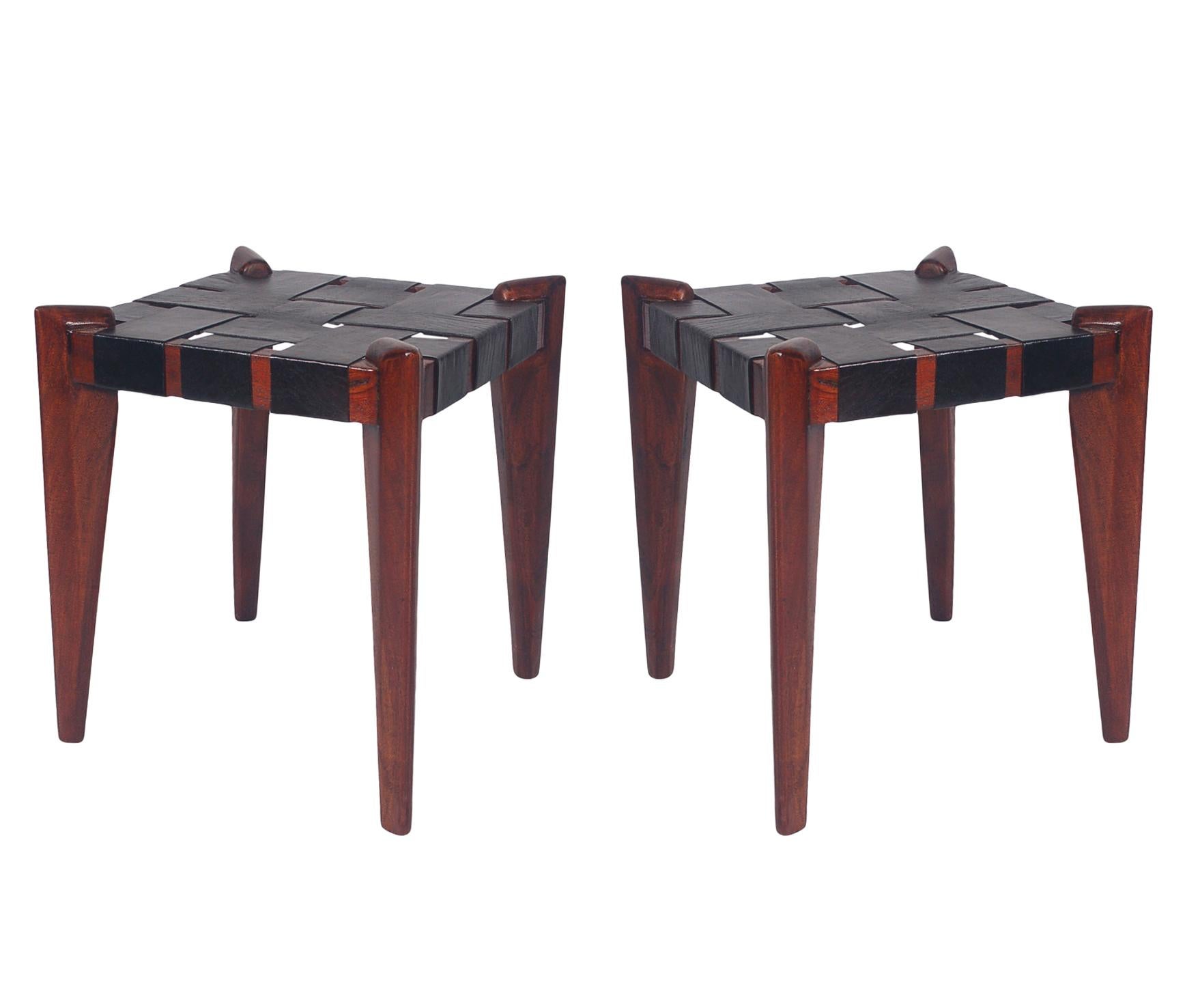 Late 20th Century Pair of Midcentury Danish Modern Wood and Woven Black Leather Stools or Benches