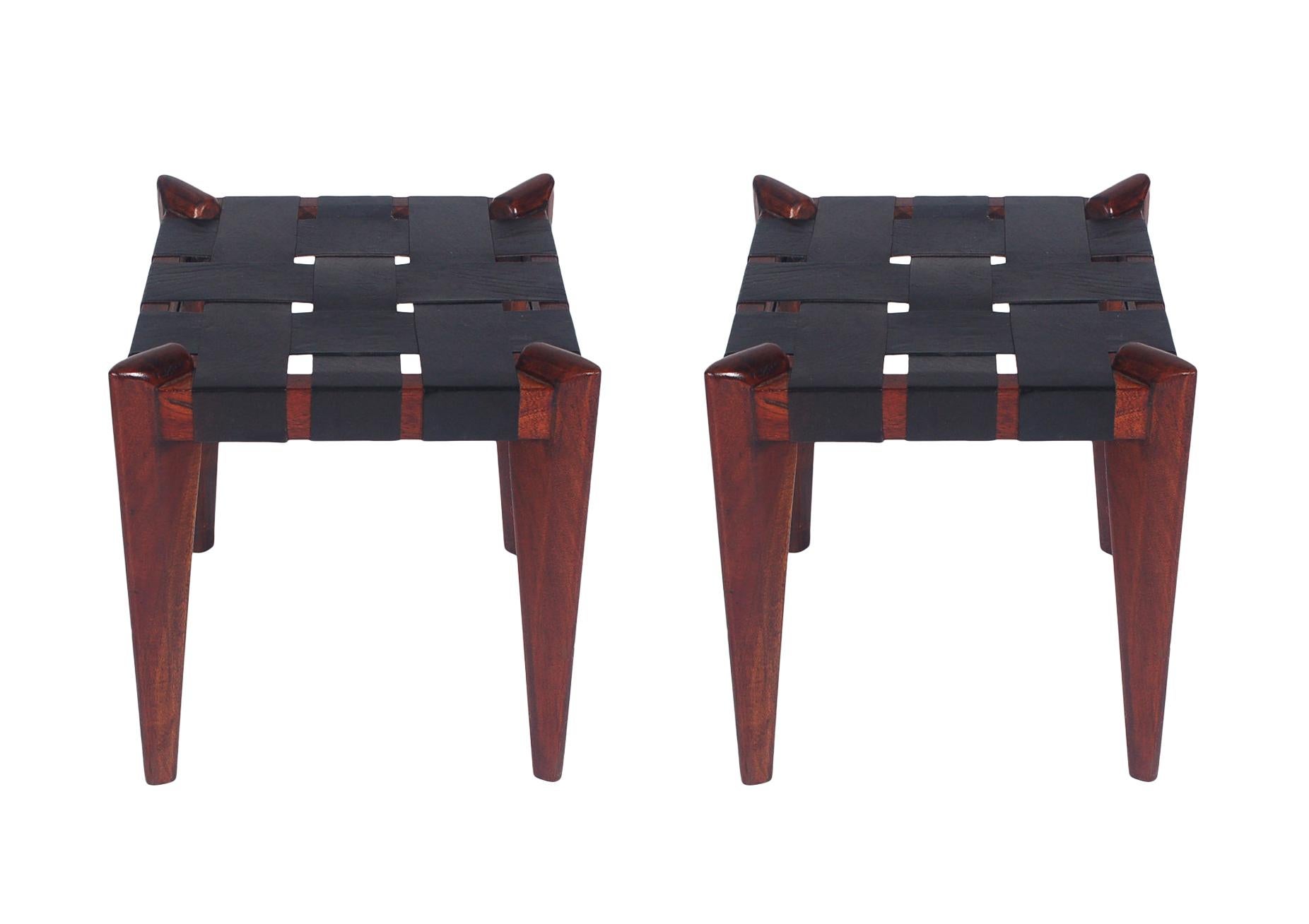 Pair of Midcentury Danish Modern Wood and Woven Black Leather Stools or Benches 2