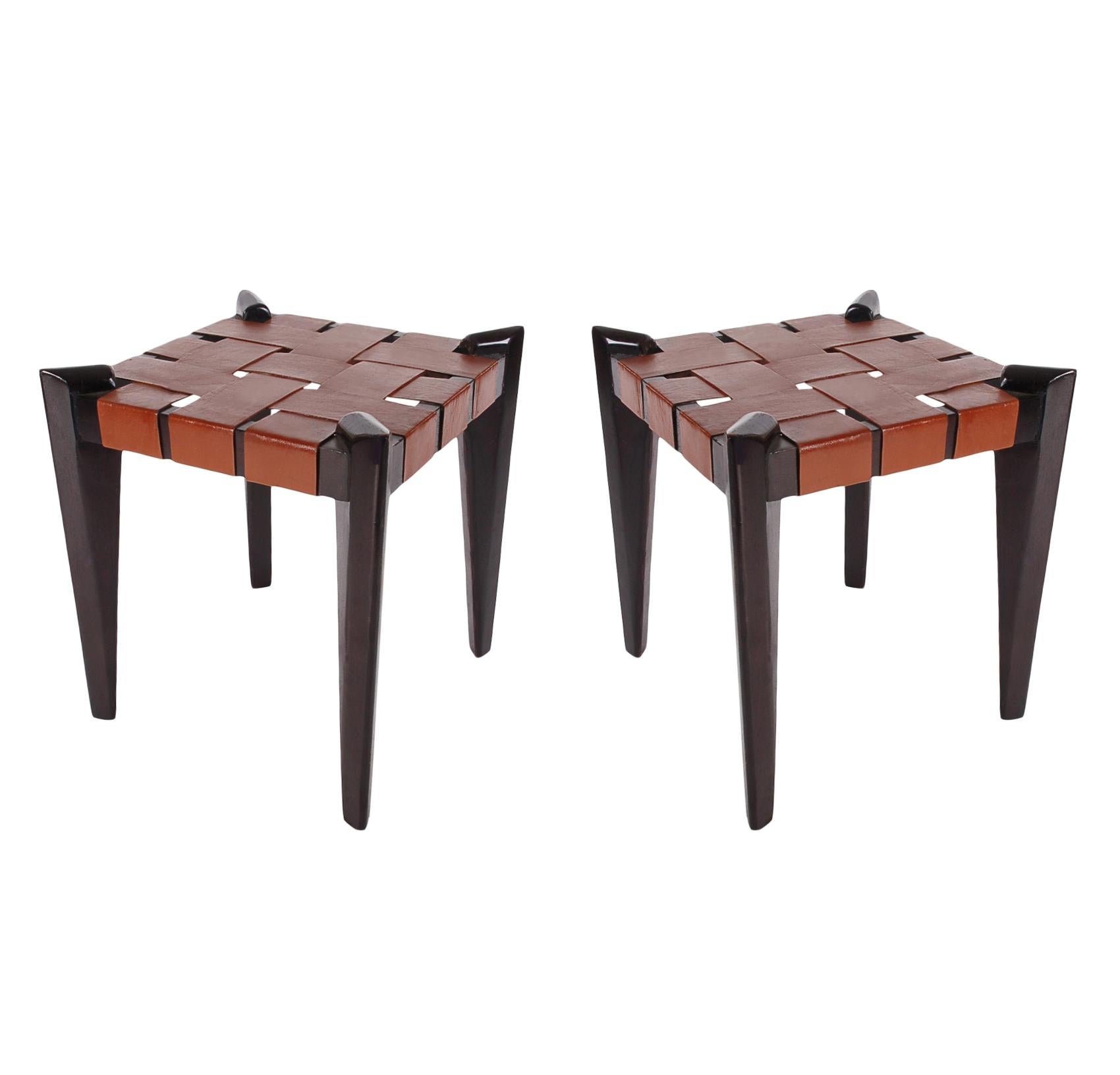 Mid-Century Modern Pair of Midcentury Danish Modern Woven Brown Leather Stools or Benches