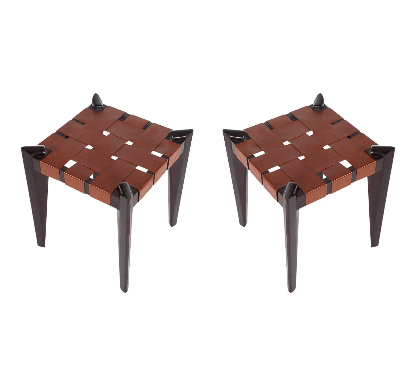 Late 20th Century Pair of Midcentury Danish Modern Woven Brown Leather Stools or Benches