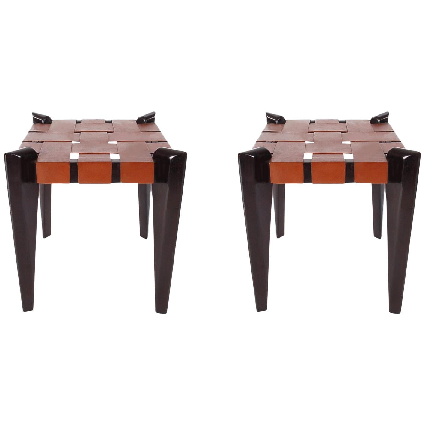 Pair of Midcentury Danish Modern Woven Brown Leather Stools or Benches