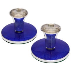 Pair of Midcentury Danish Sterling Silver and Cobalt Blue Enamel Candlesticks