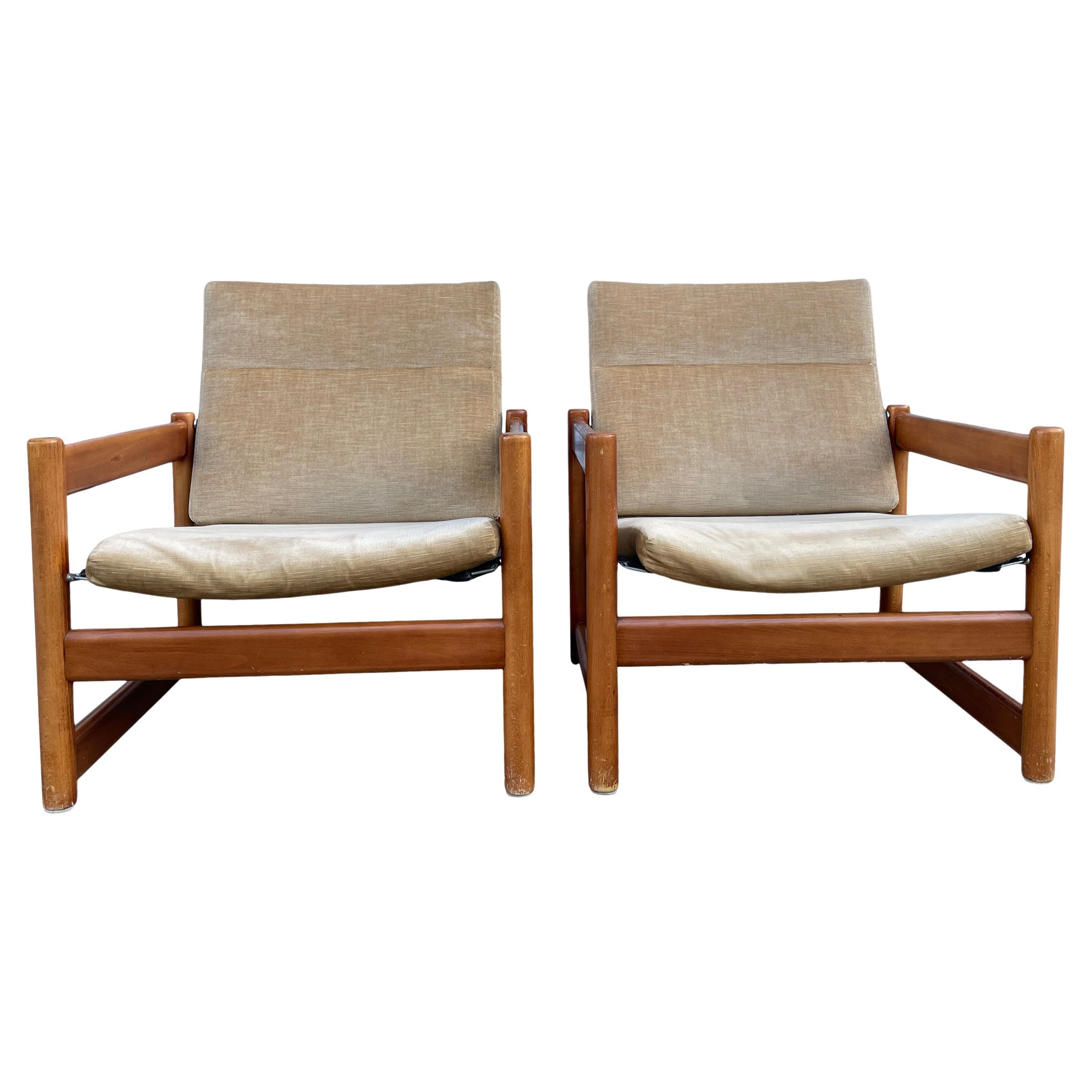 Pair of Midcentury Danish Tan Velvet Low Lounge Chairs