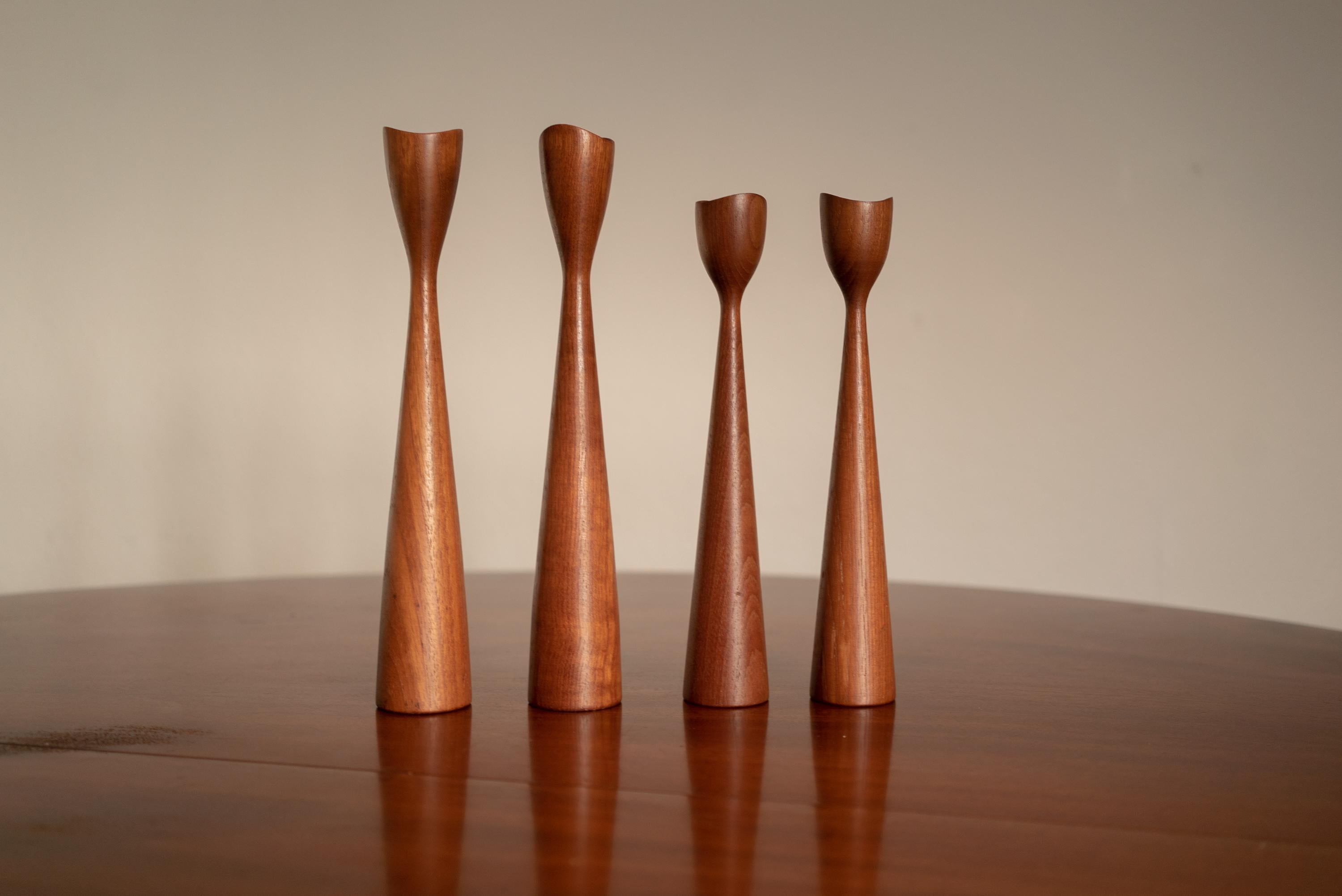 Hand-Crafted Pair of Midcentury Danish Teak Candlesticks, Denmark, 1960s
