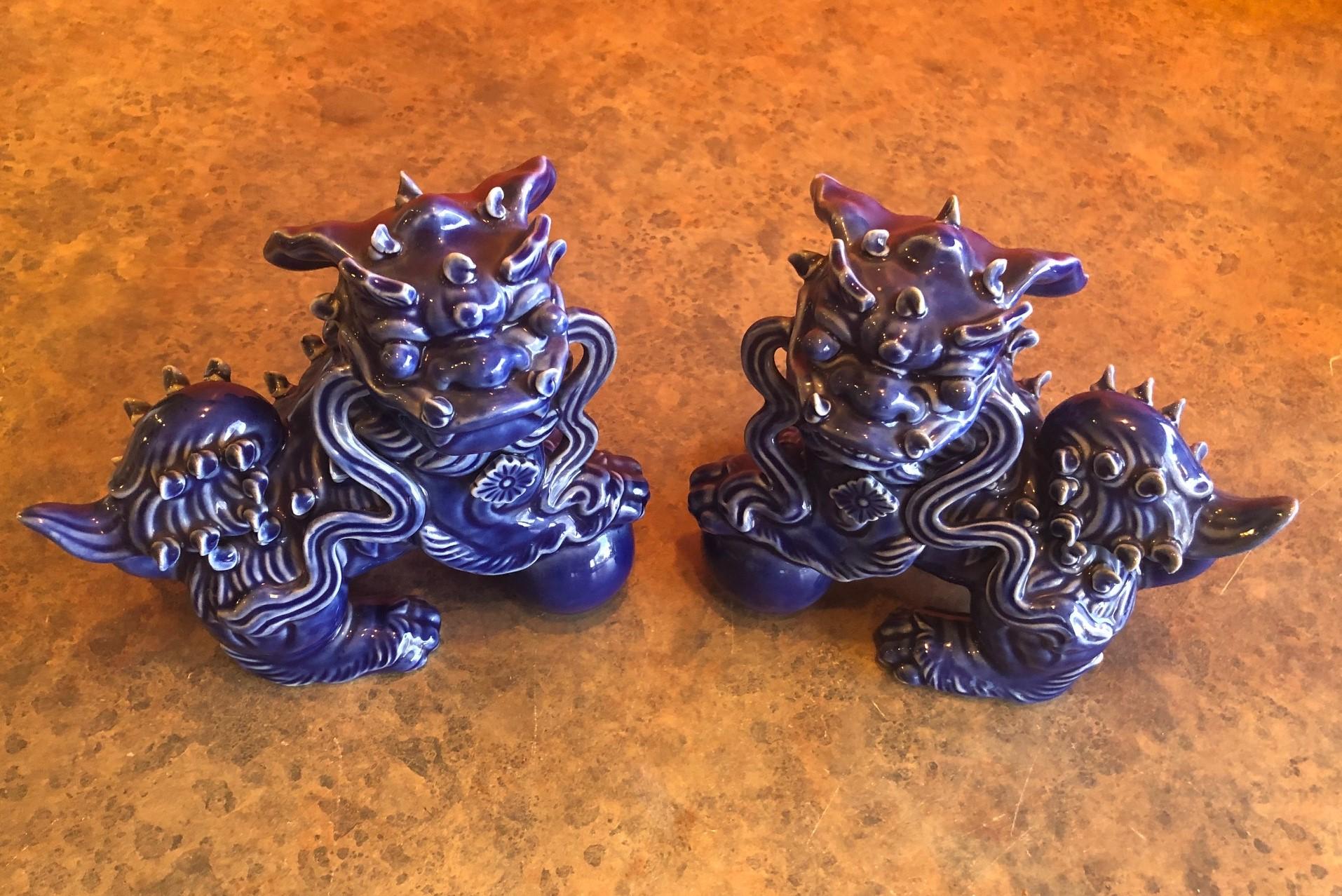 Mid-Century Modern Pair of Midcentury Dark Blue Chinese Ceramic Foo Dogs