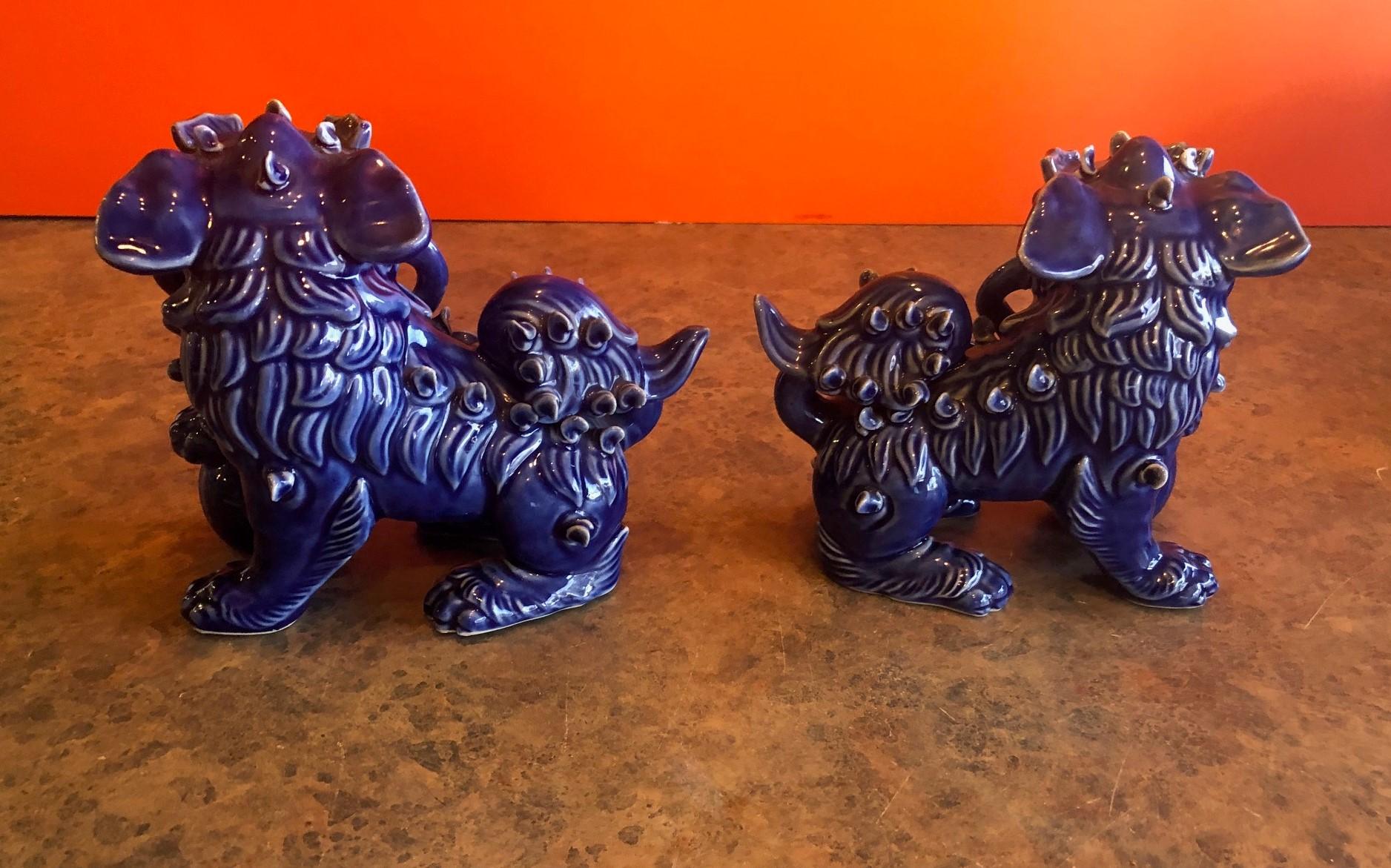 Pair of Midcentury Dark Blue Chinese Ceramic Foo Dogs 1