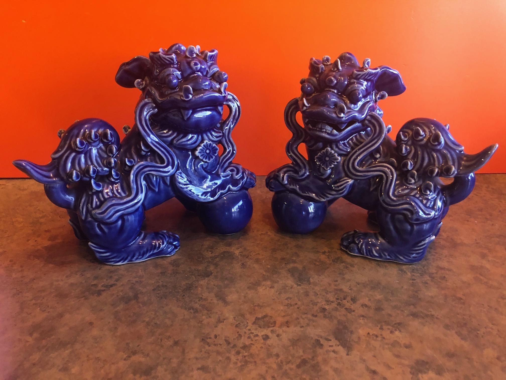 Pair of Midcentury Dark Blue Chinese Ceramic Foo Dogs 4