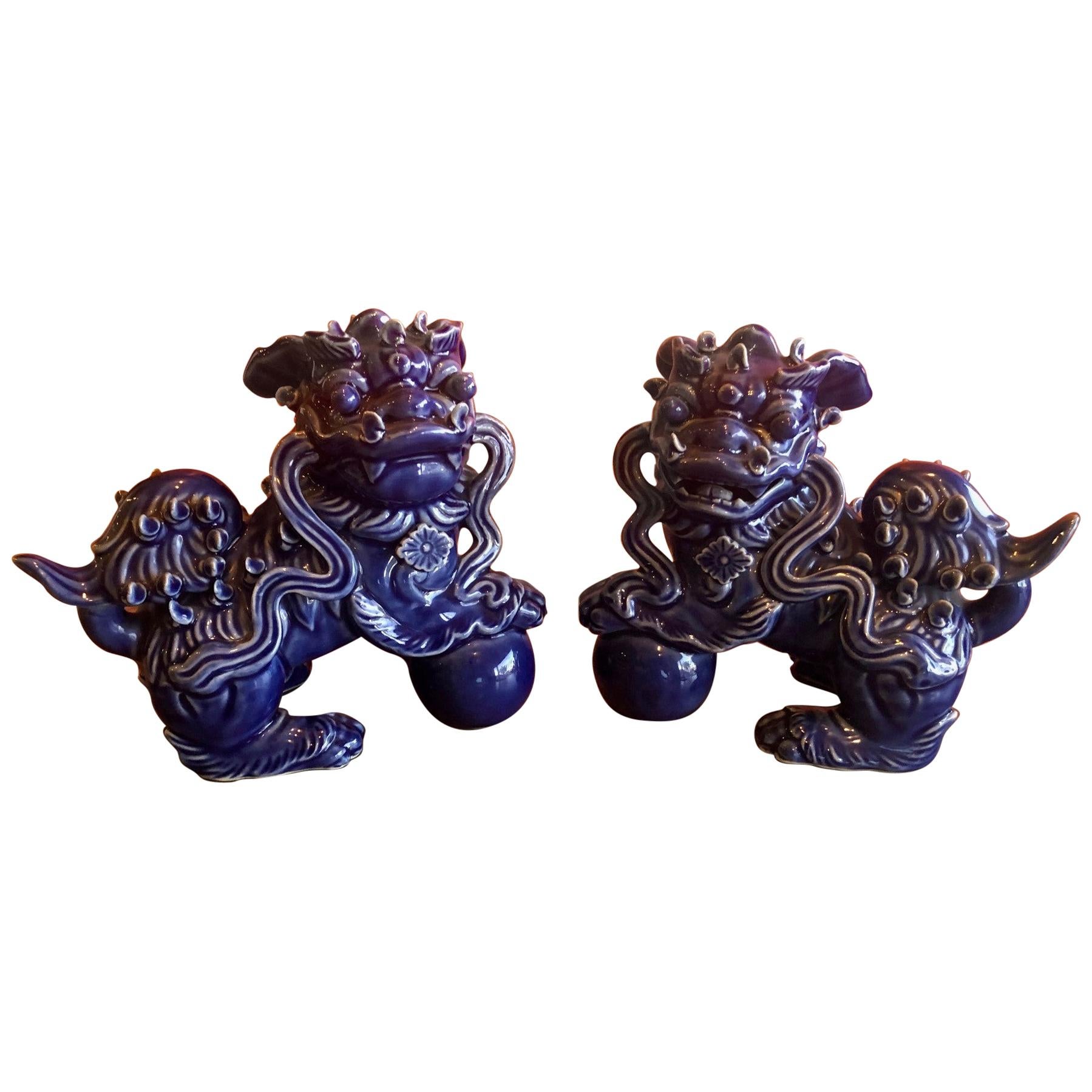 Pair of Midcentury Dark Blue Chinese Ceramic Foo Dogs