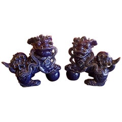 Pair of Midcentury Dark Blue Chinese Ceramic Foo Dogs