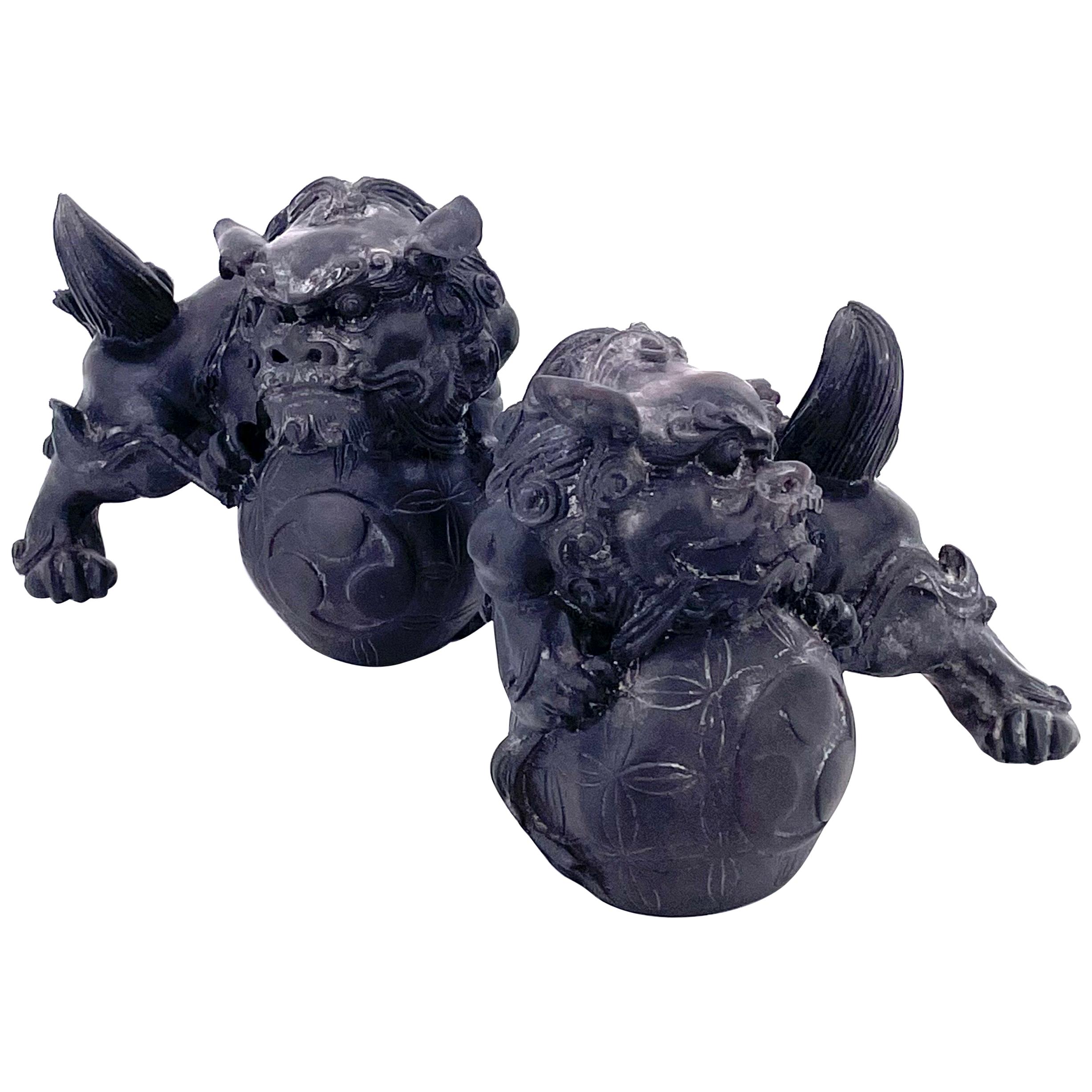 Pair of Midcentury Dark Blue Chinese Resin Foo Dogs Bookends