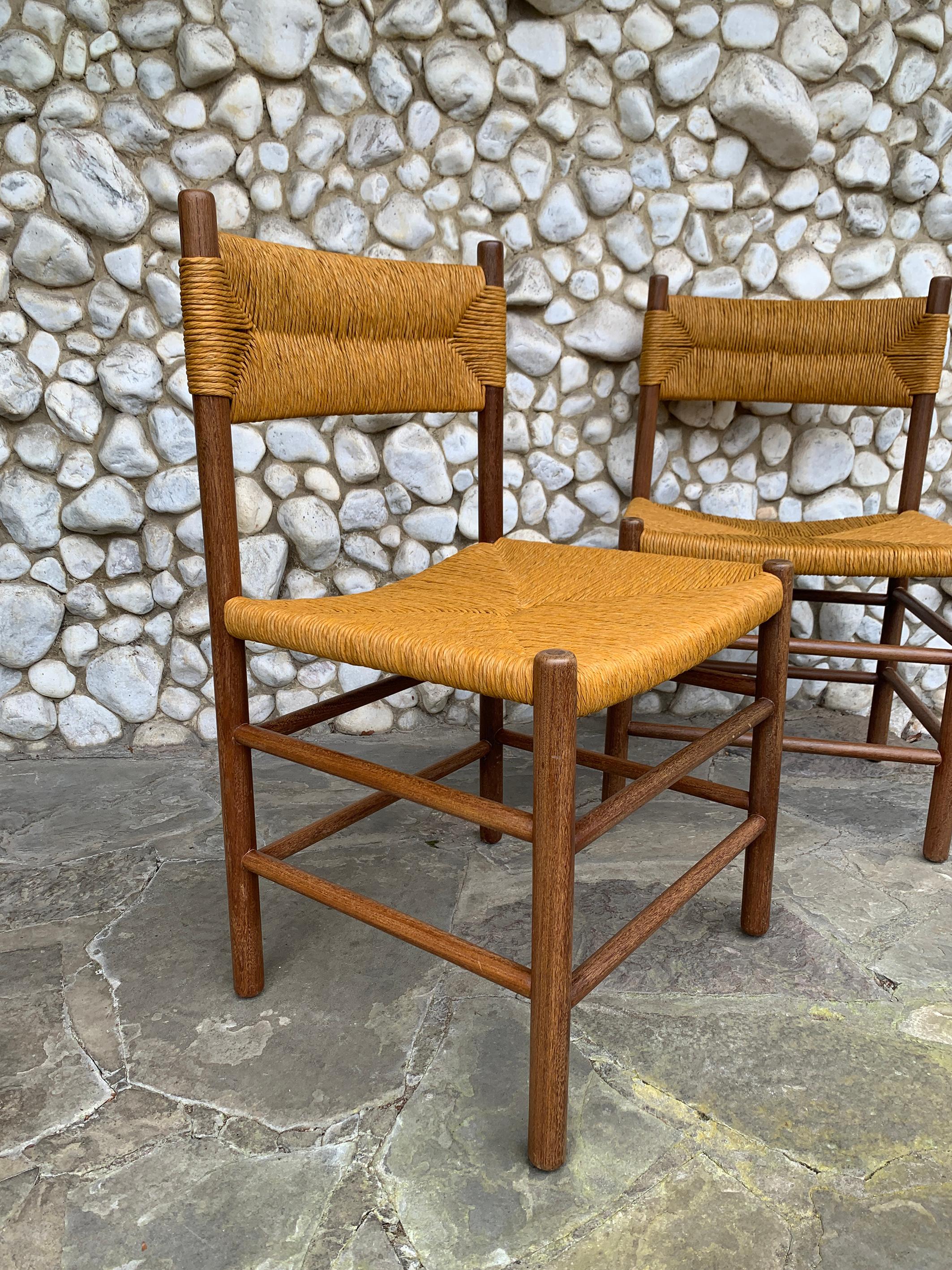 French Pair of Midcentury Dordogne Dining Chairs, Charlotte Perriand for Robert Sentou