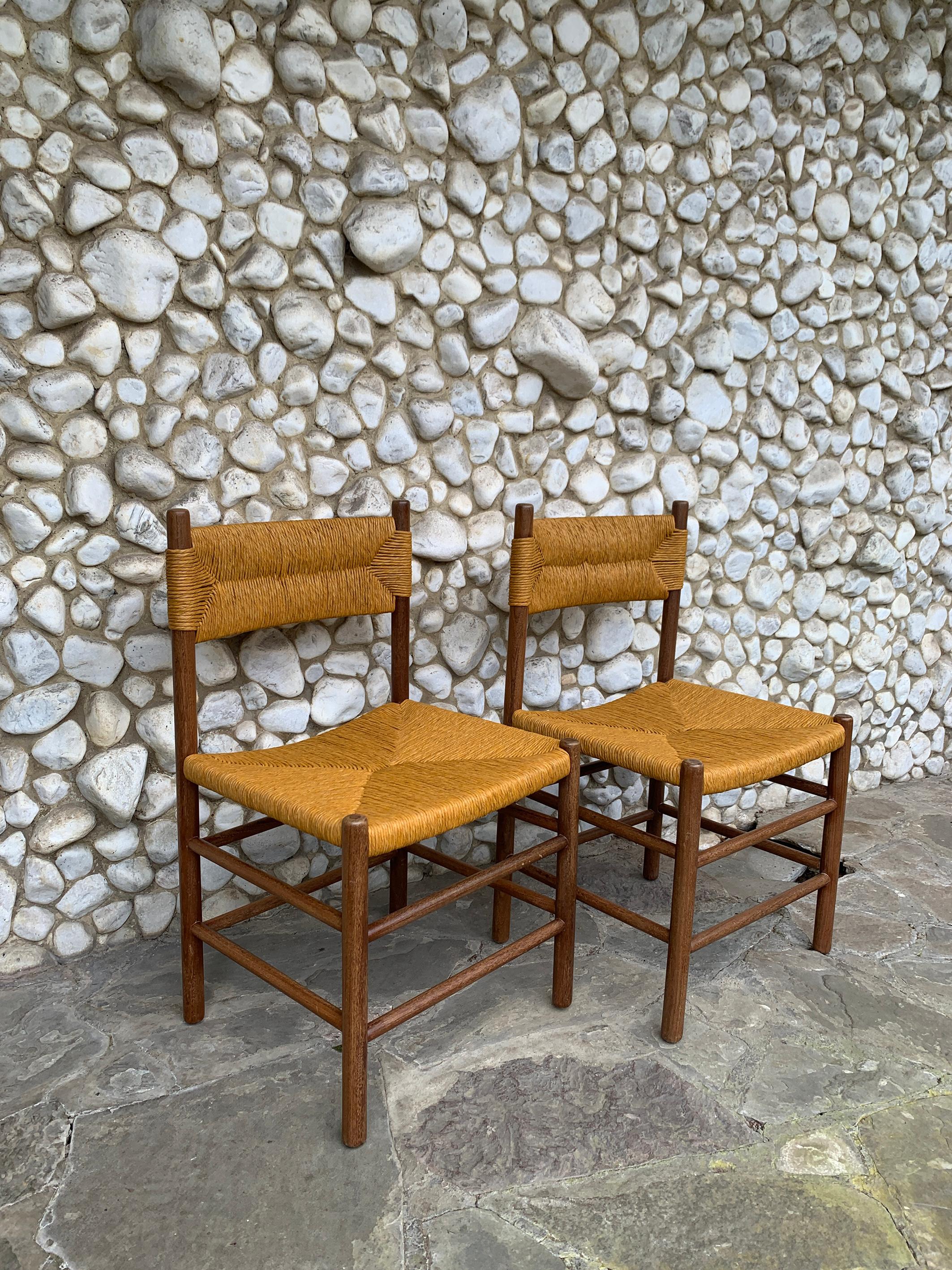 Pair of Midcentury Dordogne Dining Chairs, Charlotte Perriand for Robert Sentou In Good Condition In Vorst, BE