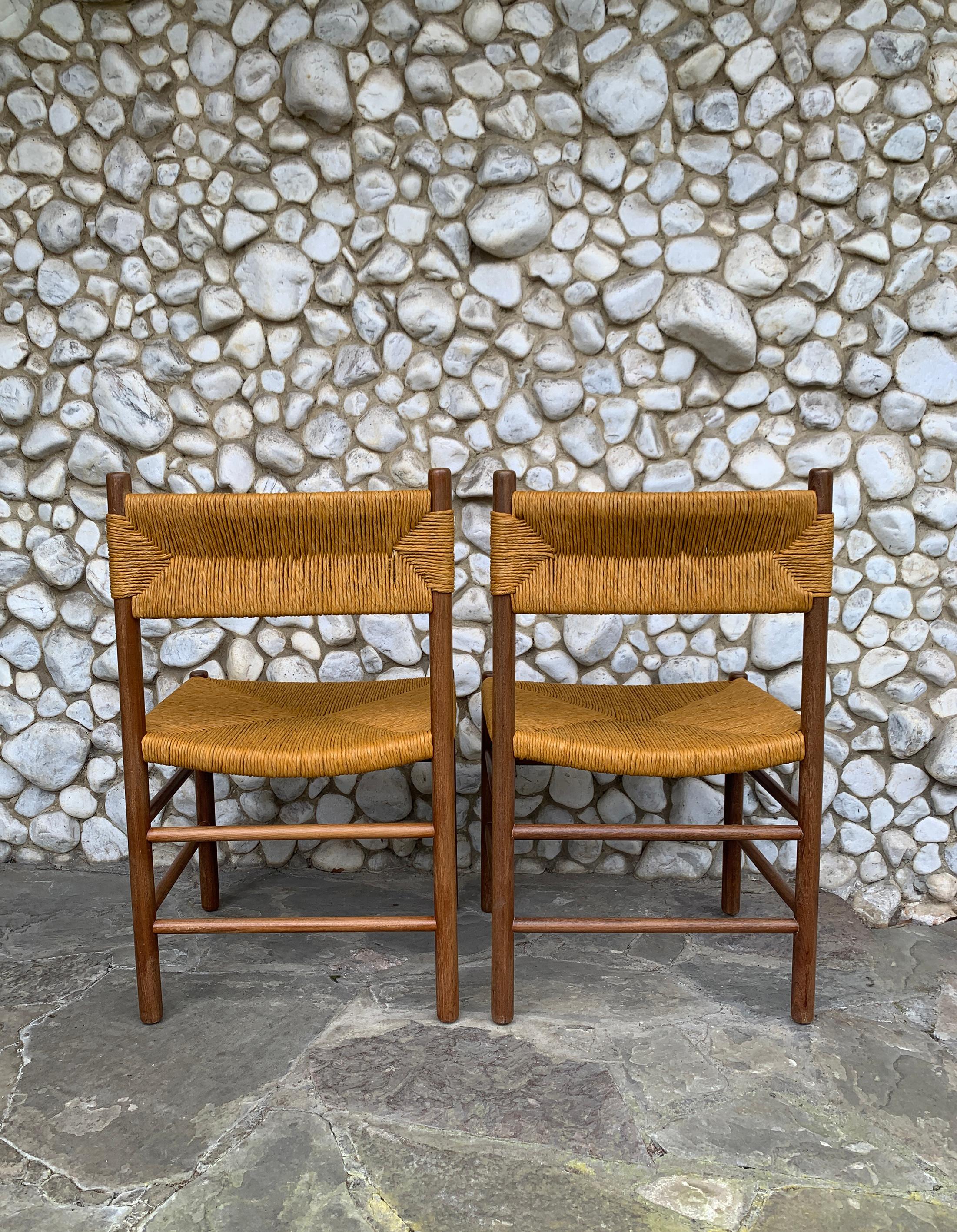 Straw Pair of Midcentury Dordogne Dining Chairs, Charlotte Perriand for Robert Sentou