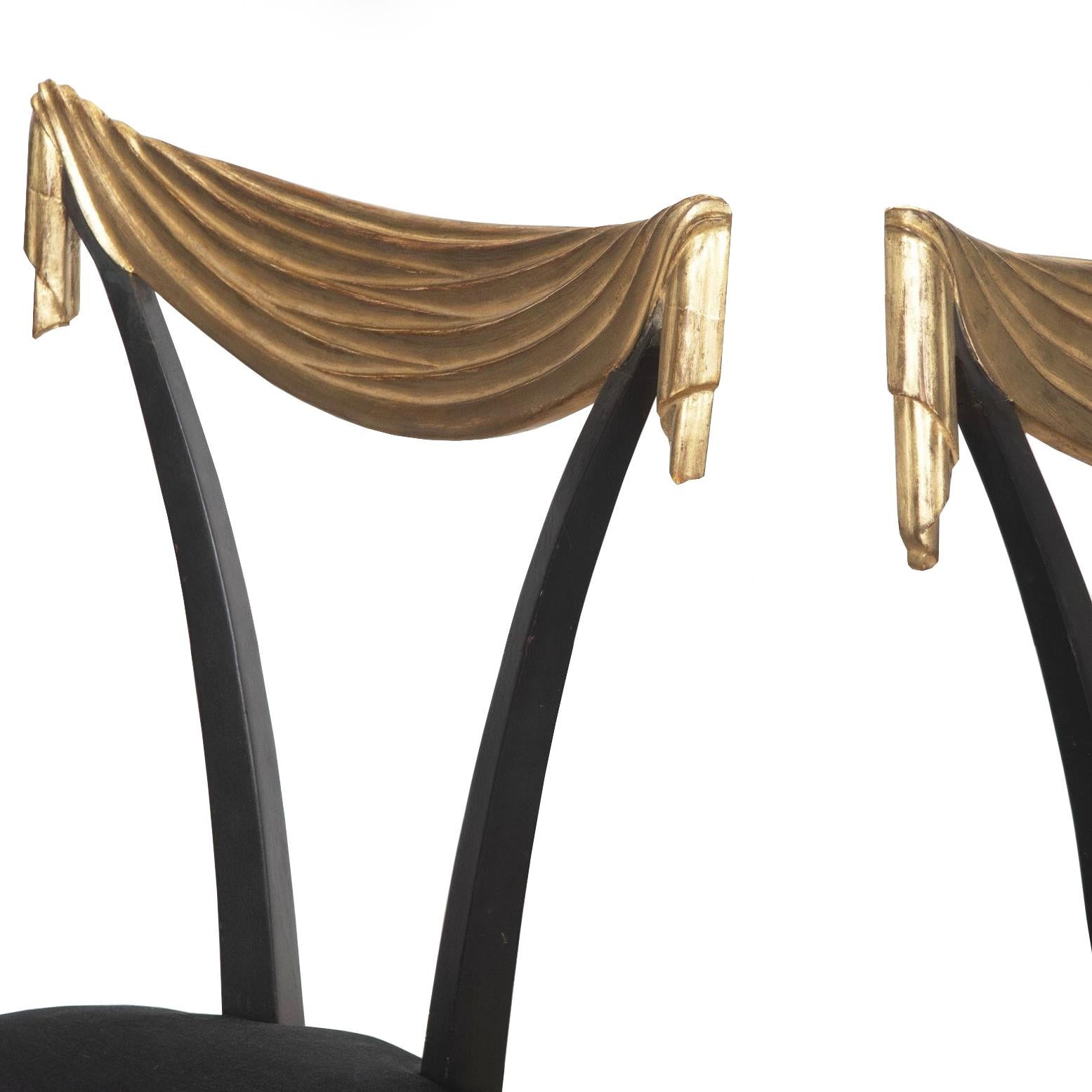 Silk Pair of Midcentury Dorothy Draper Style Gilded Grosfeld House Side Chairs For Sale