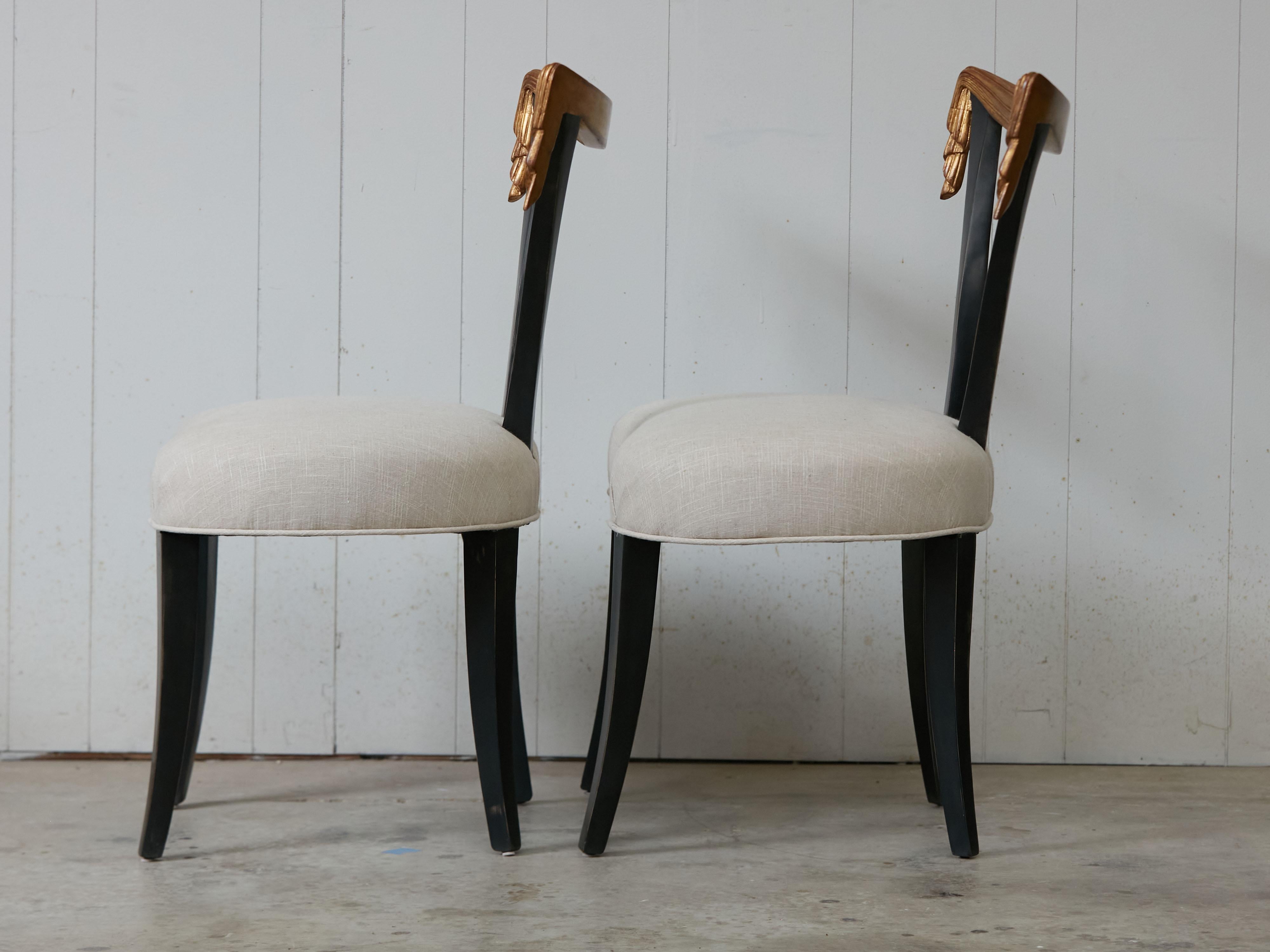 Pair of Midcentury Dorothy Draper Style Hollywood Regency Black and Gold Chairs For Sale 4
