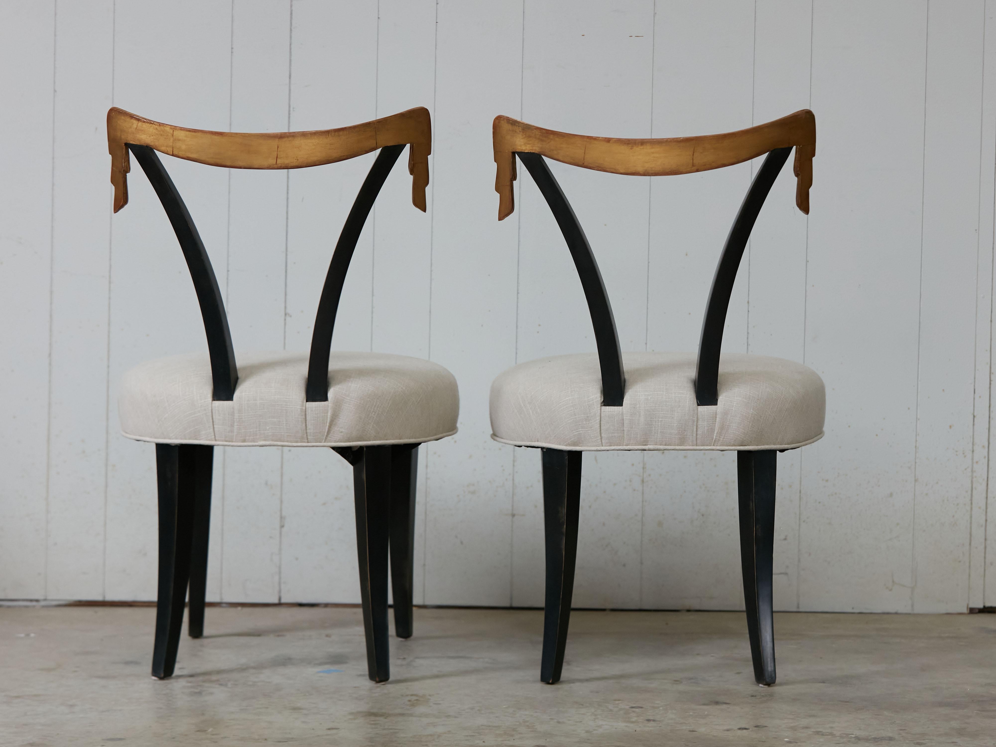 Pair of Midcentury Dorothy Draper Style Hollywood Regency Black and Gold Chairs For Sale 5