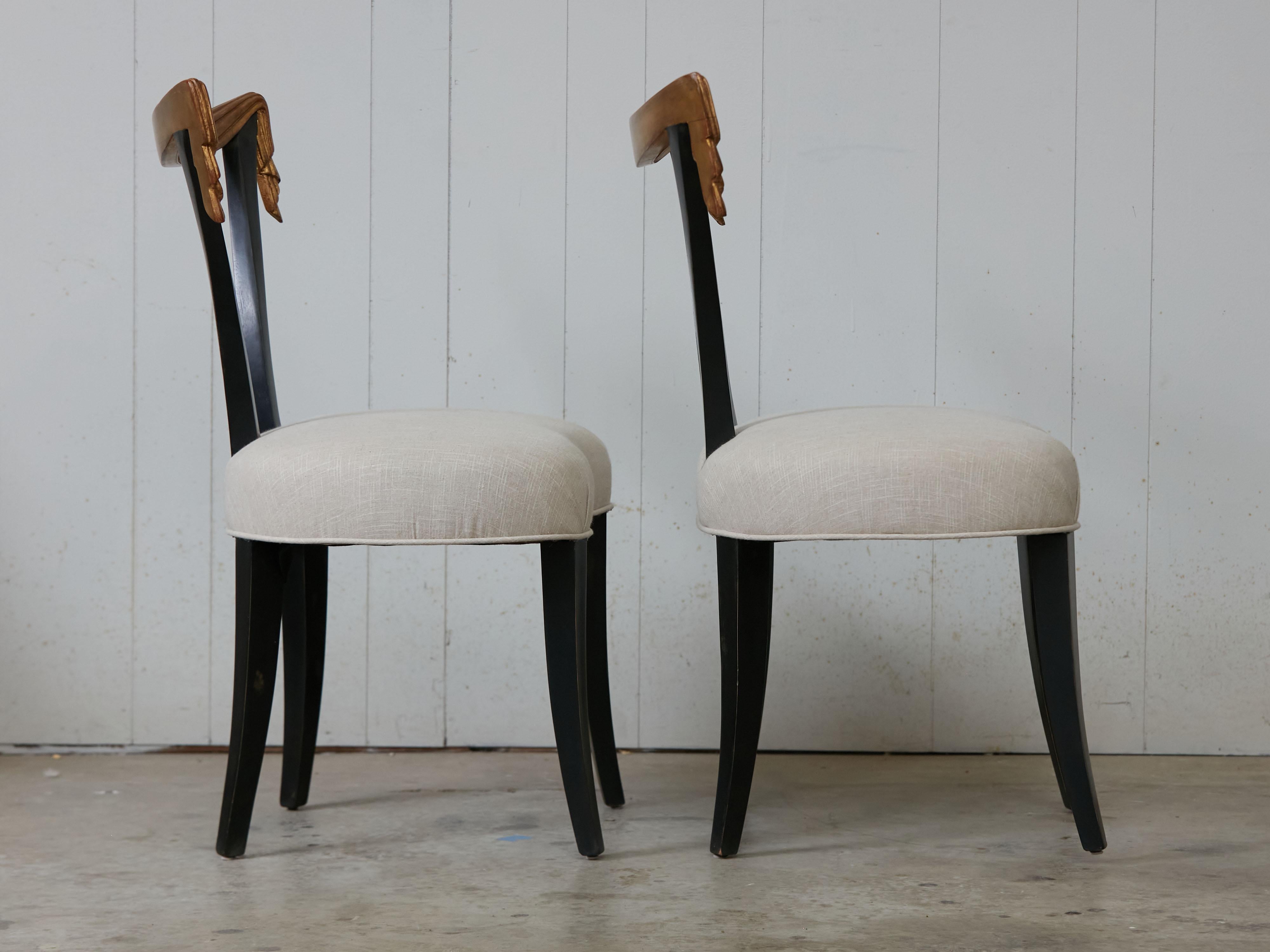 Pair of Midcentury Dorothy Draper Style Hollywood Regency Black and Gold Chairs For Sale 8