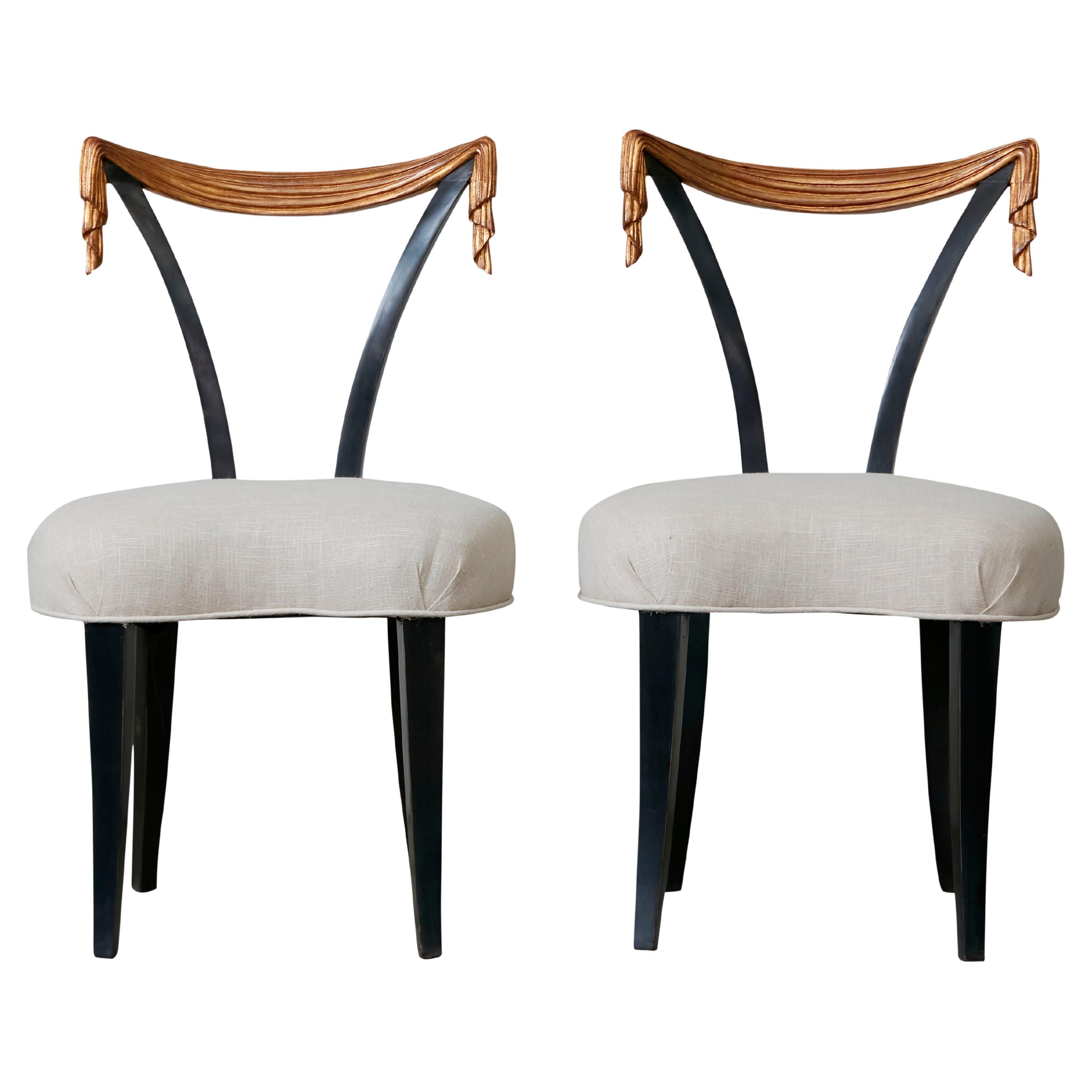 Pair of Midcentury Dorothy Draper Style Hollywood Regency Black and Gold Chairs For Sale