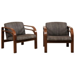 Pair of Midcentury Double Bent-Wood Arm Chairs with Upholstered Seat & Back