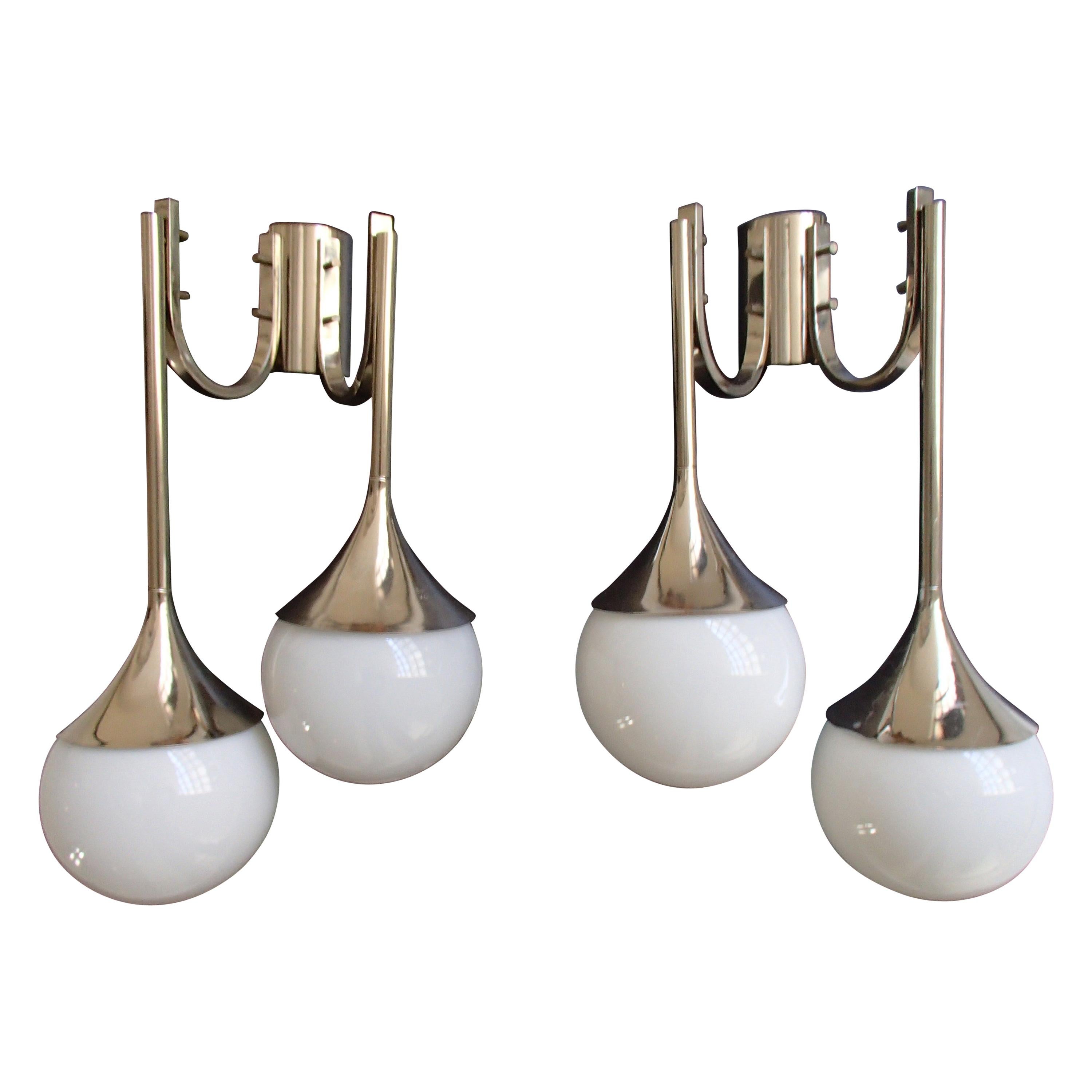 Pair of Midcentury Double Wall Lights Chrome White Glass Bowls
