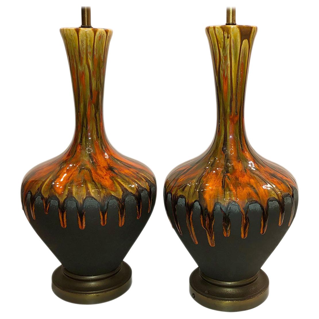 Pair of Midcentury Drip Glaze Porcelain Table Lamps